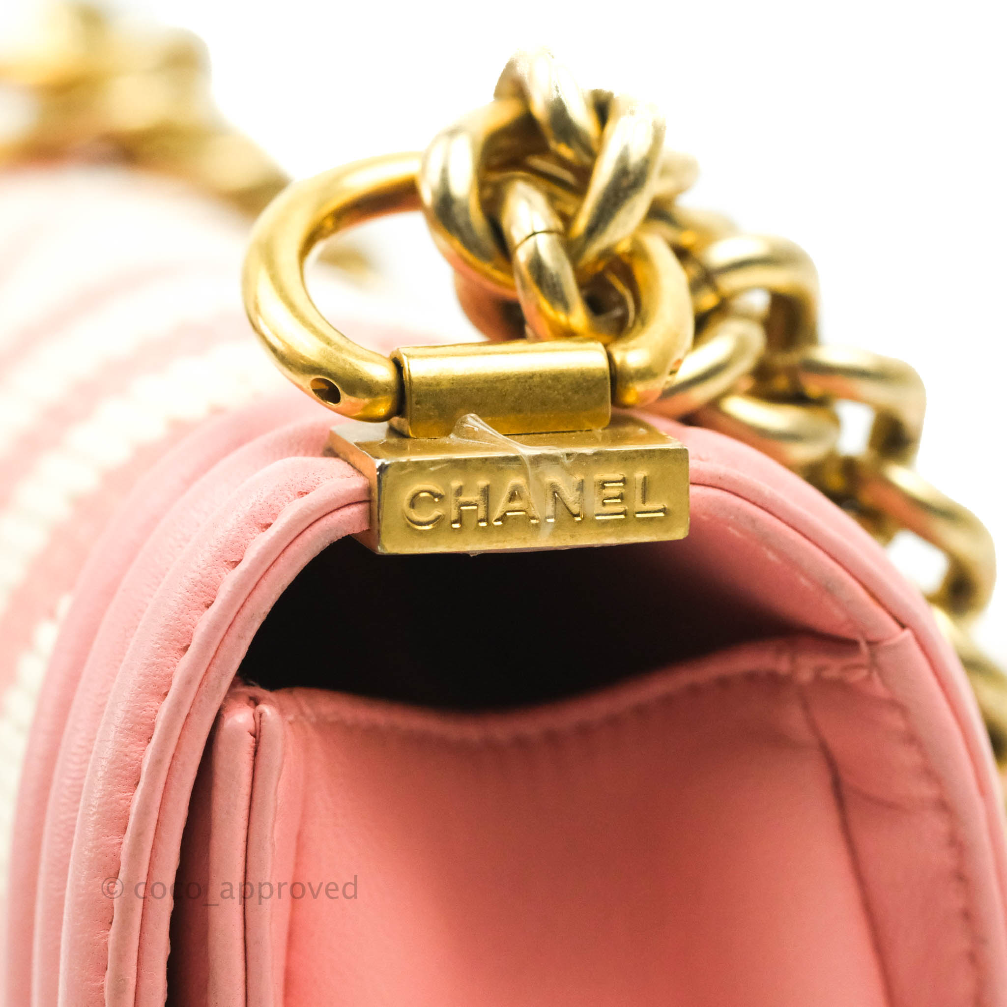 Chanel Chevron Small Boy Bag in Pink & White Fabric with Aged Gold Hardware - Perfect for Women's Fashion, Luxury Handbags & Everyday Elegance