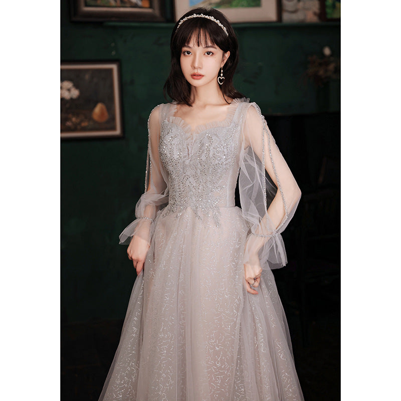Elegant Gray Tulle Fairy Dress for Girls - Sweet Formal Party Gown with Long Sleeves - Perfect for Evening Dresses, Prom, Pageants & Special Occasions