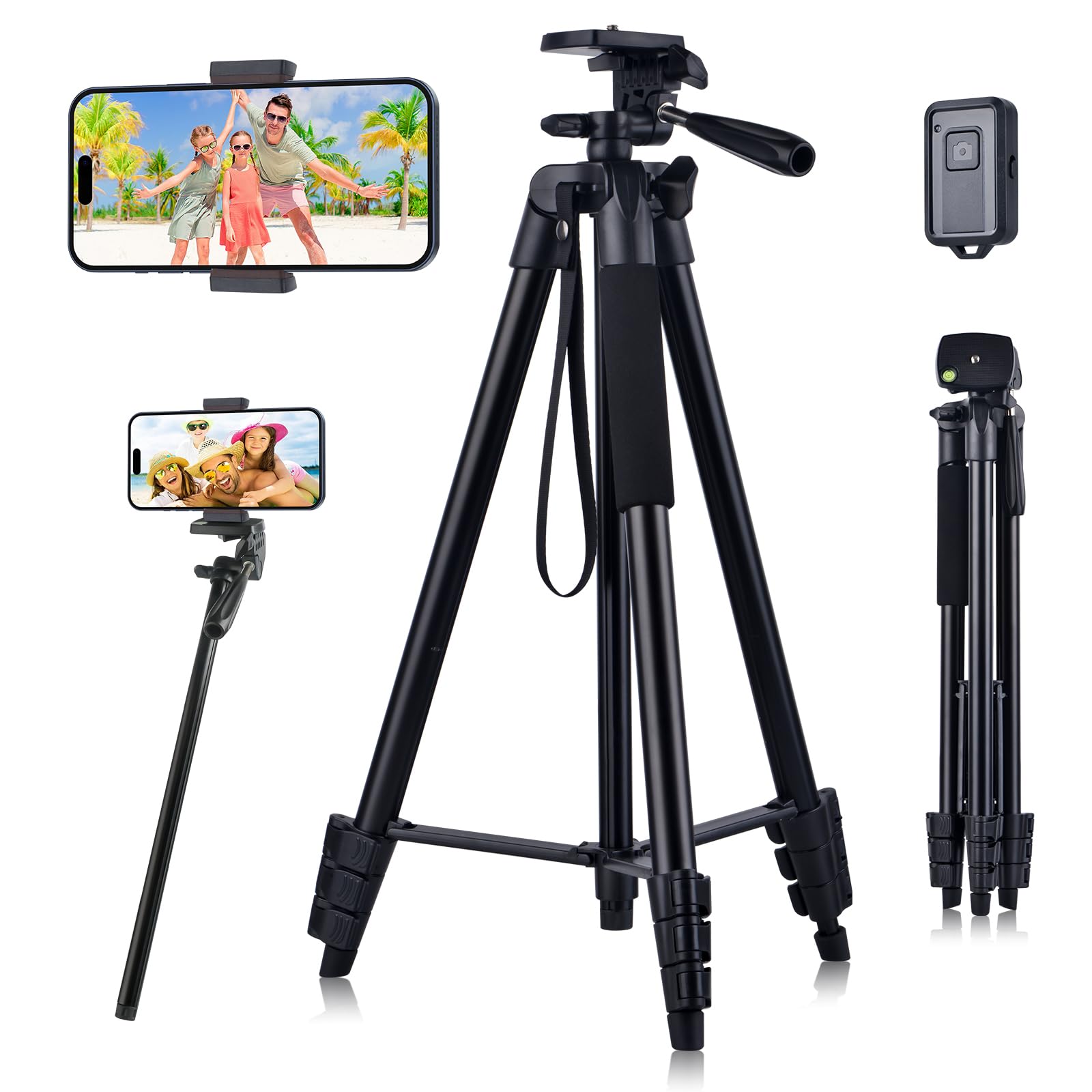 Linkcool 160cm Adjustable Phone Tripod Stand with Remote - Lightweight Portable Tripod for iPhone, Samsung & Smartphones - Perfect for Vlogging, Live Streaming & Group Photos
