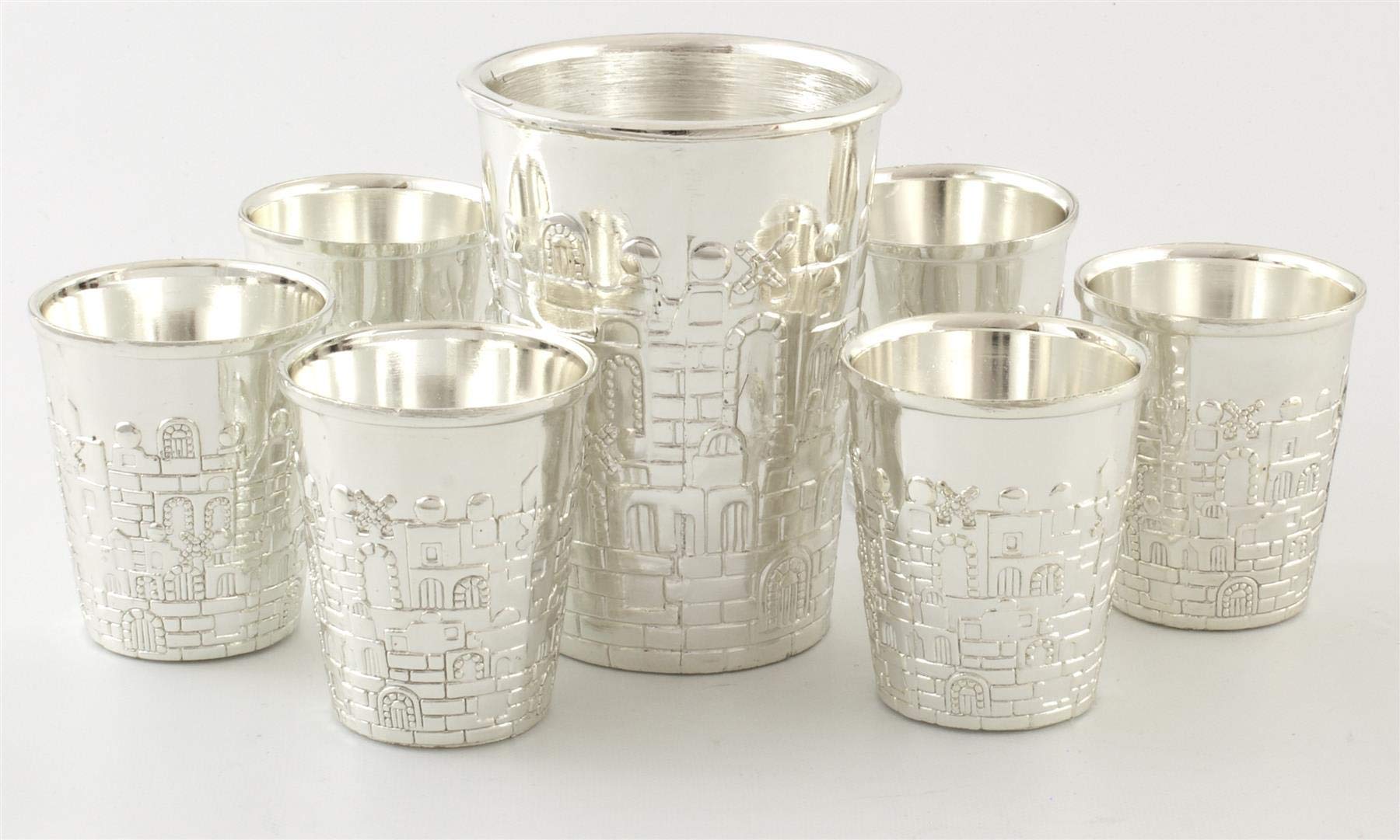 Silver Kiddush Wine Fountain with 6 Cups - Elegant Jerusalem Design (21cm) for Jewish Holidays & Shabbat Celebrations