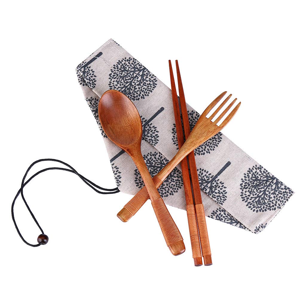 Vintage Japanese Wooden Tableware Set - 3-Piece Fork, Spoon & Chopsticks for Kitchen, Dining & Bar - Round Small Brown Cutlery Gift for Home & Restaurant Use