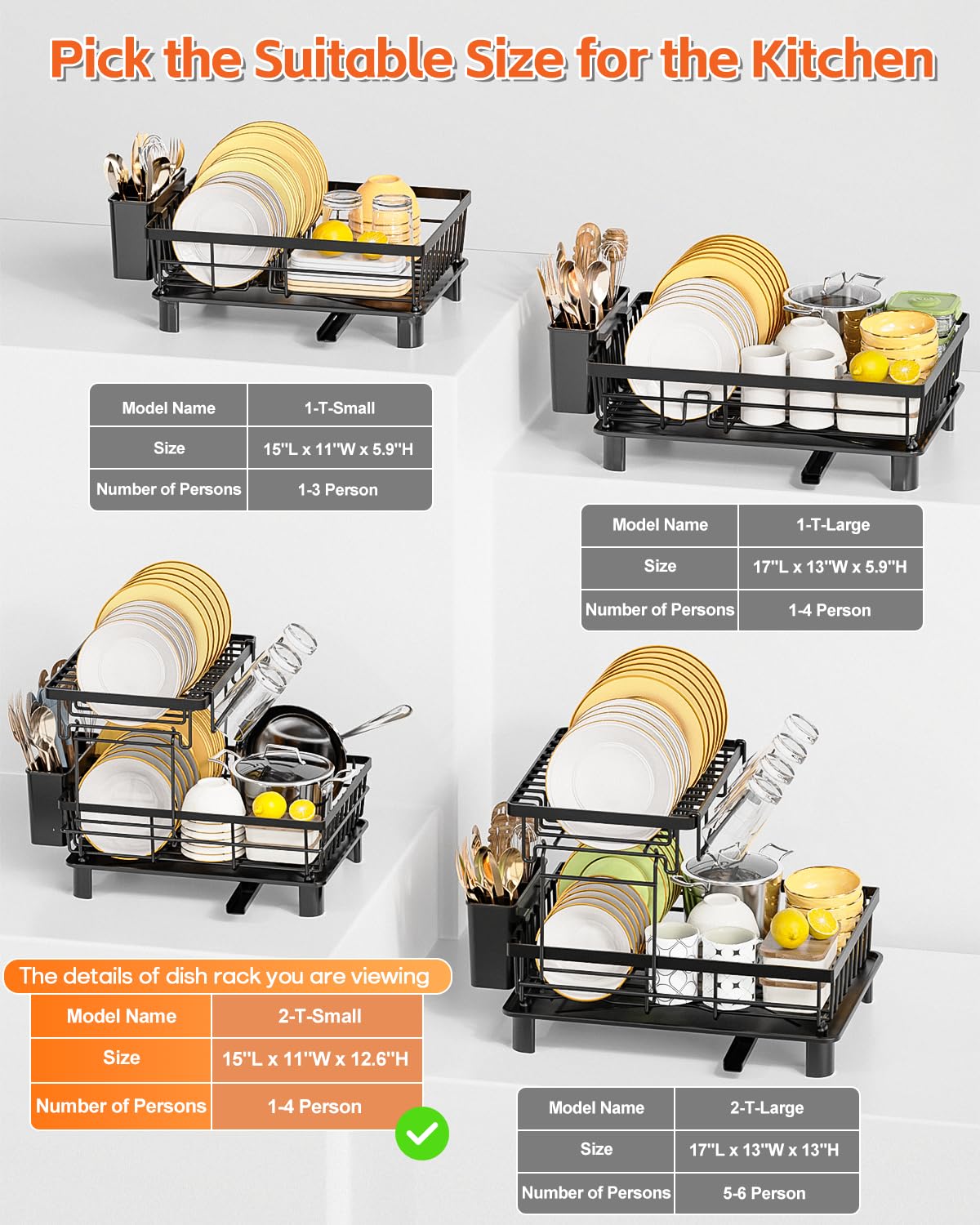 2 Tier Stainless Steel Dish Drying Rack with Drainboard - Space Saving Kitchen Counter Organizer for Dishes, Cups, Utensils, Knives, Spoons & Forks | Perfect for Small Kitchens, Apartments & RVs (Black)