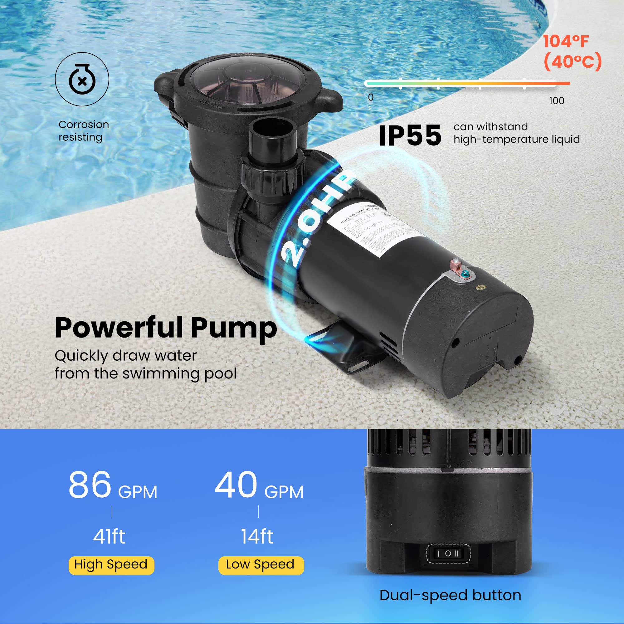 VIVOHOME 2.0 HP Dual Speed Above Ground Pool Pump with 1.5