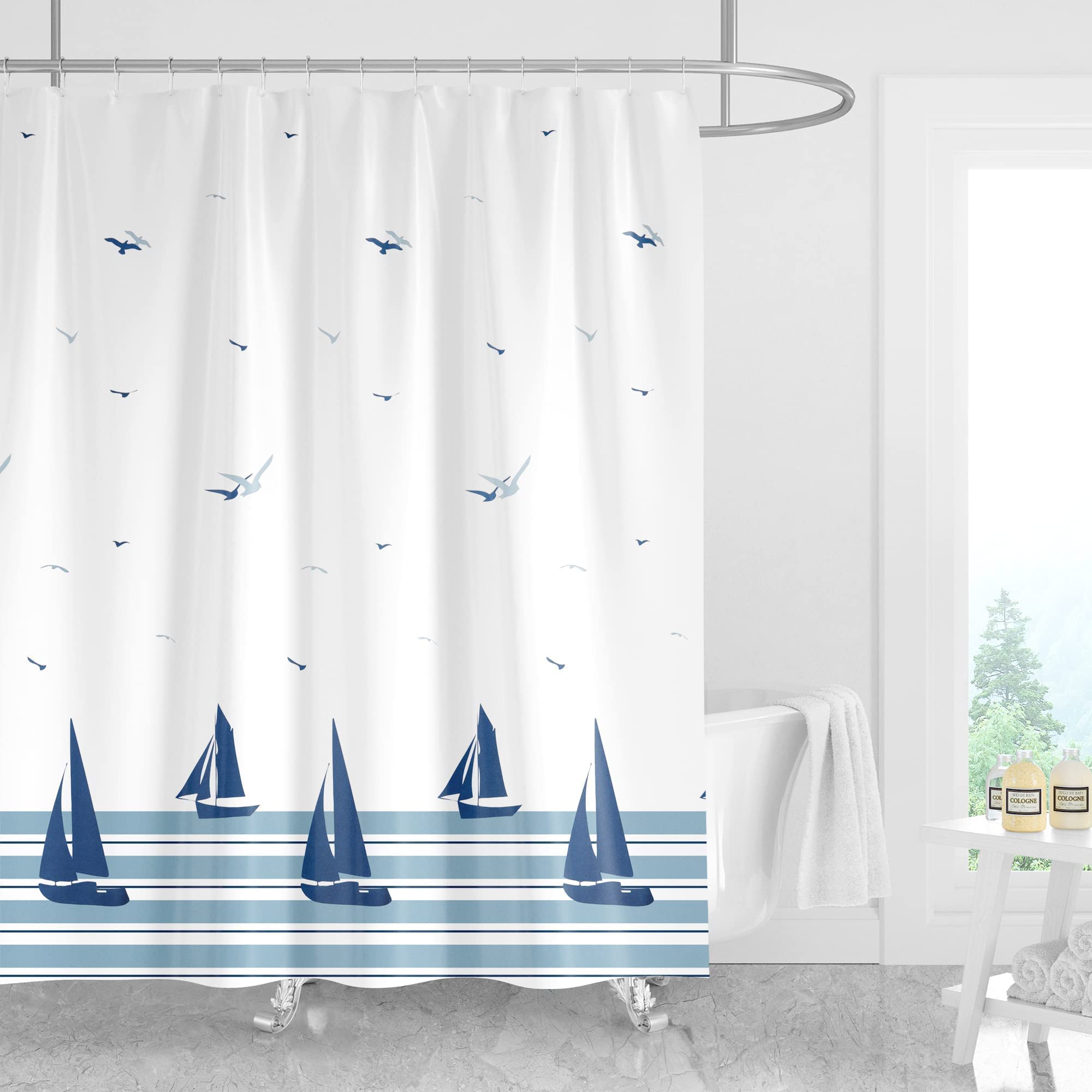 **Xxuan Home 72 x 72 Inch Nautical Coastal Waterproof Fabric Shower Curtain with Hooks - Sailboat Design for Bathroom Decor, Beach & Coastal Themed Bathrooms**    *(Perfect for Coastal, Nautical, or Beach-Themed Bathrooms – Adds a Relaxing Seaside Vibe to Your Space)*