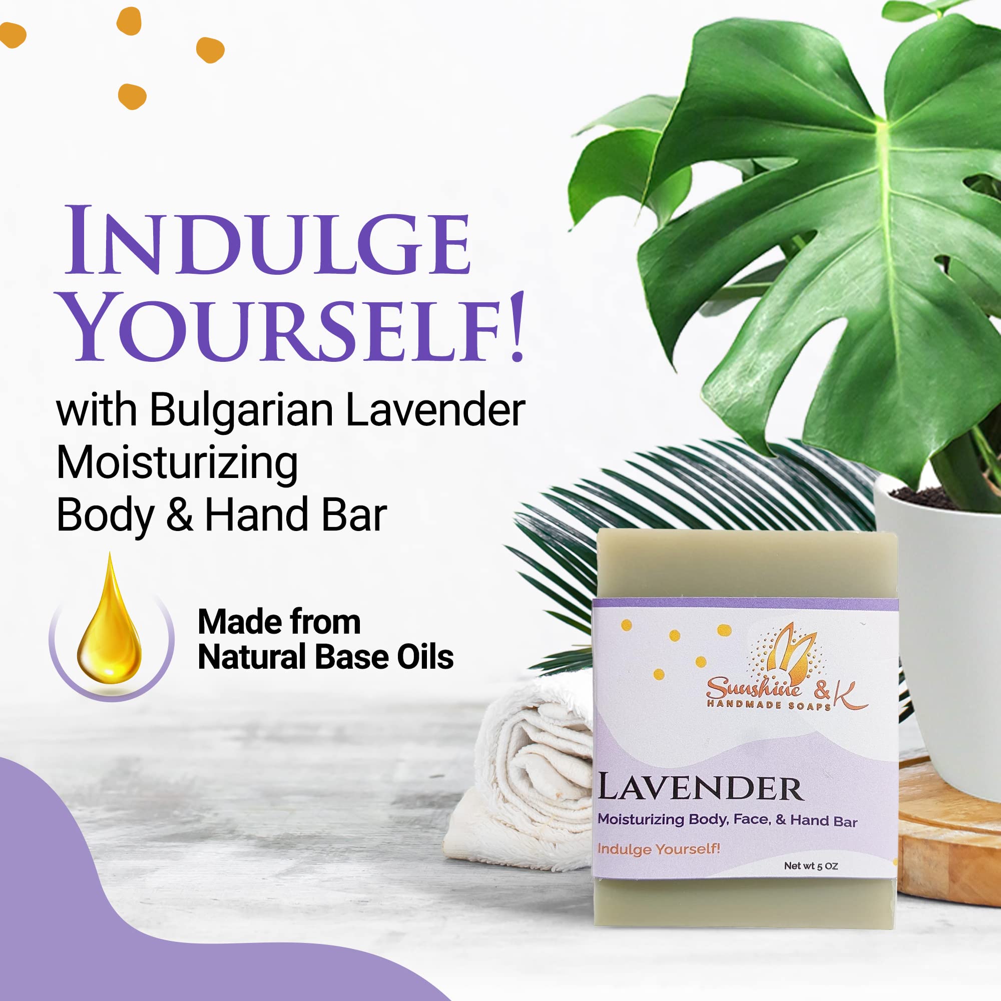 Bulgarian Lavender Handmade Soap Bar - Moisturizing Body & Hand Soap with Beeswax, Rice Bran Oil & Natural Base Oils - 5 oz Organic Bath Soap by Sunshine & K - Perfect for Dry Skin Care, Spa Day & Eco-Friendly Gifting