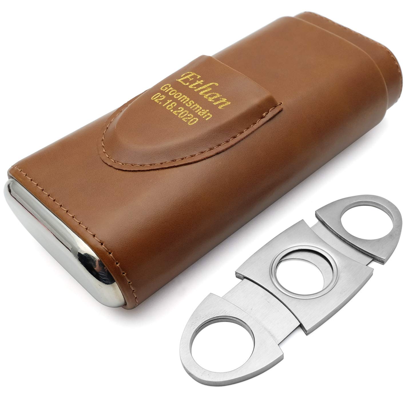 Personalized Engraved Cigar Travel Case with Cutter - Custom Monogram Cigar Holder for Men - Luxury Groomsmen Gift for Bachelor Party & Wedding - Gold Lettering for Elegant Style