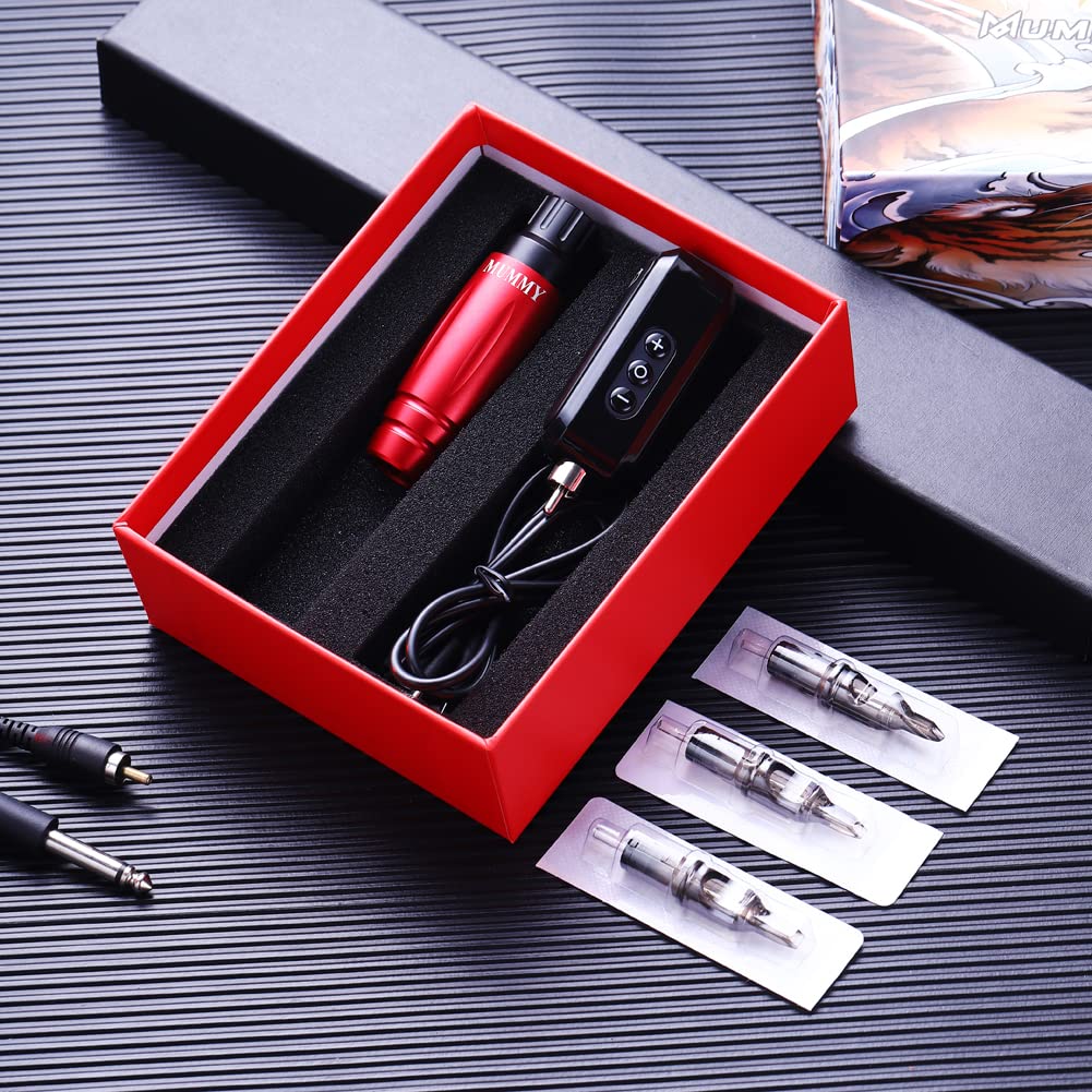 Professional Mummy Tattoo Machine Pen Kit with Power Supply & Battery - 10pcs Tattoo Cartridge Needles (Red) - Perfect for Tattoo Artists & Beginners, Home & Studio Use