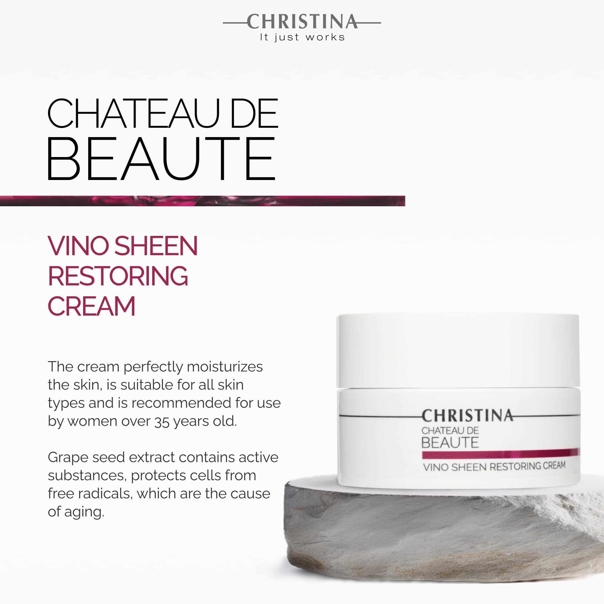 CHRISTINA Chateau de Beaute Vino Sheen Restoring Cream with Vitamin E - Antioxidant-Rich Face Cream for Radiant Skin, Rosacea & Dryness Treatment, Anti-Aging Moisturizer 50ml | Perfect for Night Routine & Sensitive Skin Care