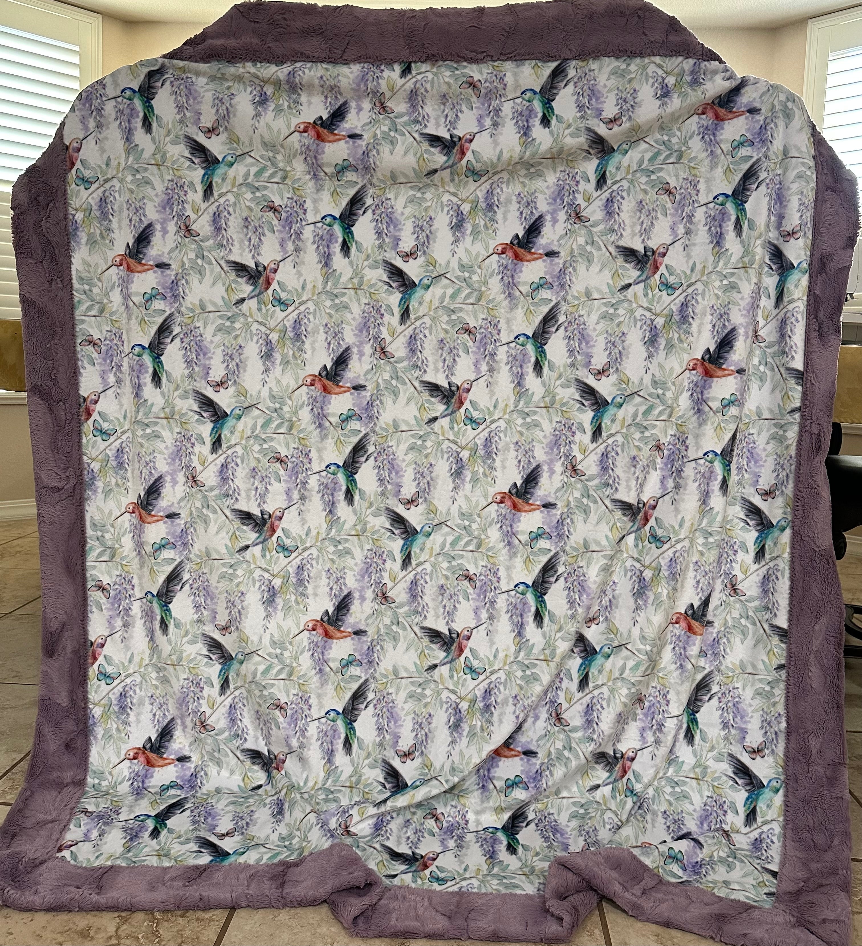 Soft Minky Blanket 55x63 Inches - Hummingbirds on Mulberry Design, Cozy Travel & Throw Blanket for Home, Office, Camping, Gifts
