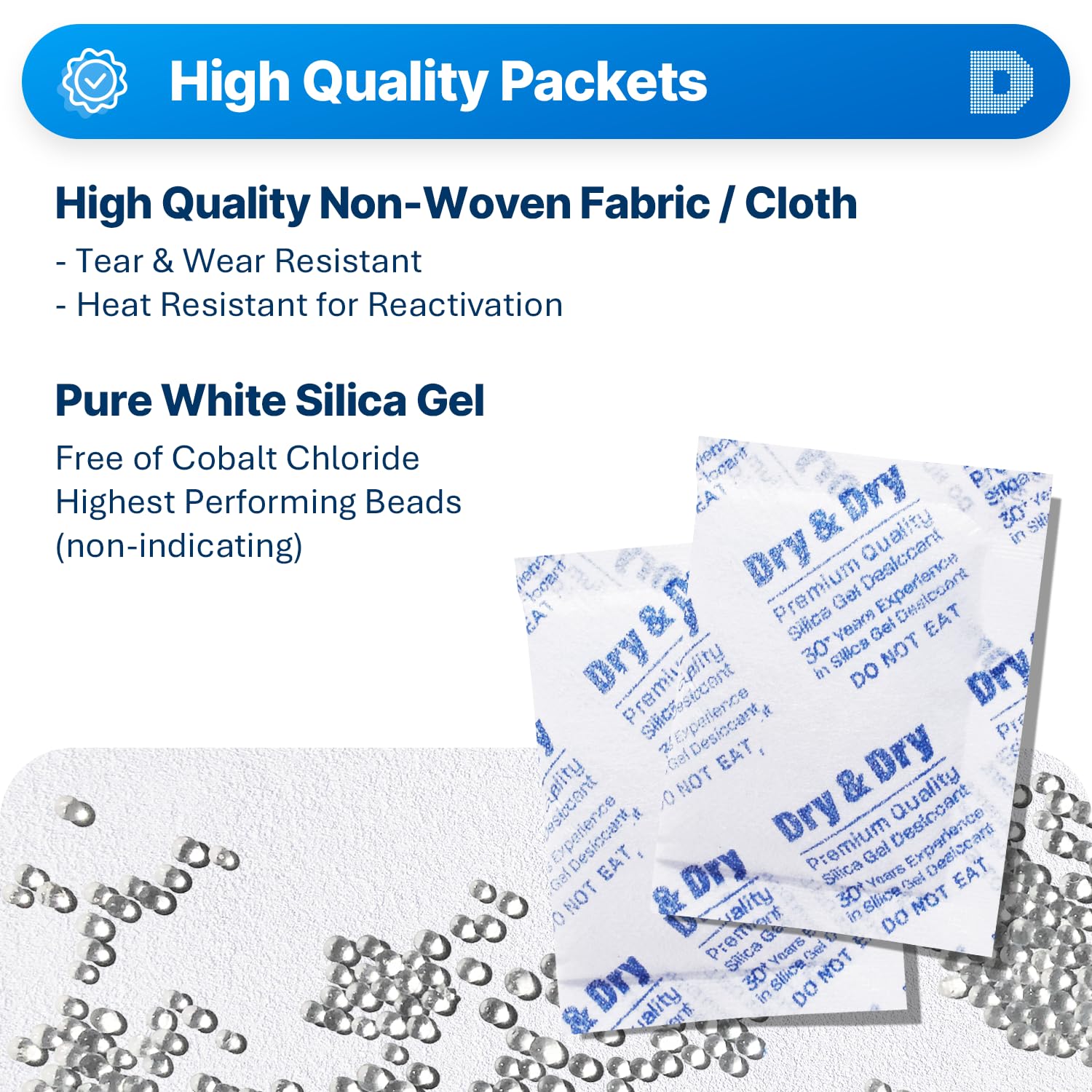 Dry & Dry 10g Silica Gel Packets (1500 Count) - Reusable Moisture Absorbers for Food Storage, Closet Organizers & Travel Essentials | Desiccant Packs for Electronics, Documents & Long-Term Storage Protection