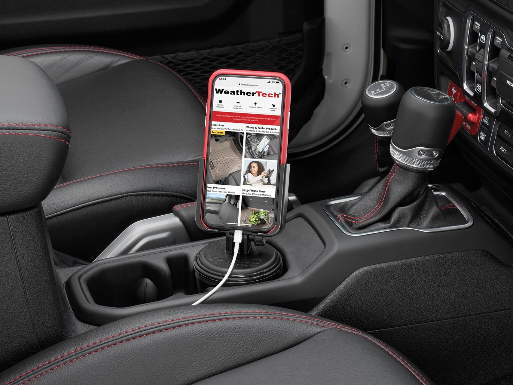 WeatherTech CupFone - Universal Adjustable Car Cup Holder Phone Mount for iPhone & Android - Open Access Design for Charging - Graphite Metal Knobs - Perfect for Road Trips, Commuting & Hands-Free Driving