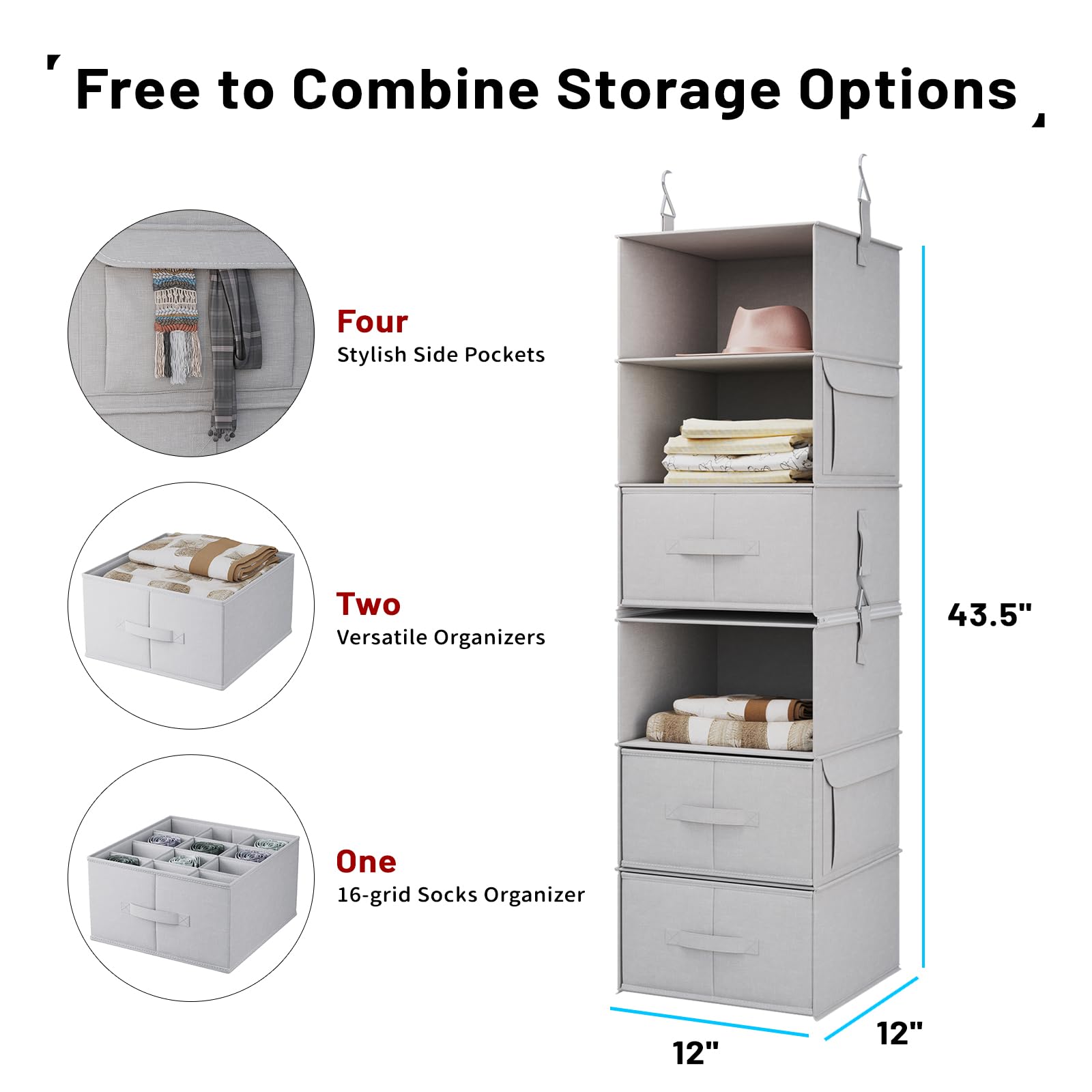 Vailando 6-Shelf Hanging Closet Organizer - 2 Separable 3-Tier Hanging Shelves with 3 Drawers for Wardrobe, Nursery & Baby Clothes Storage | Space-Saving Closet Solution for Bedroom, Kids Room & Small Spaces
