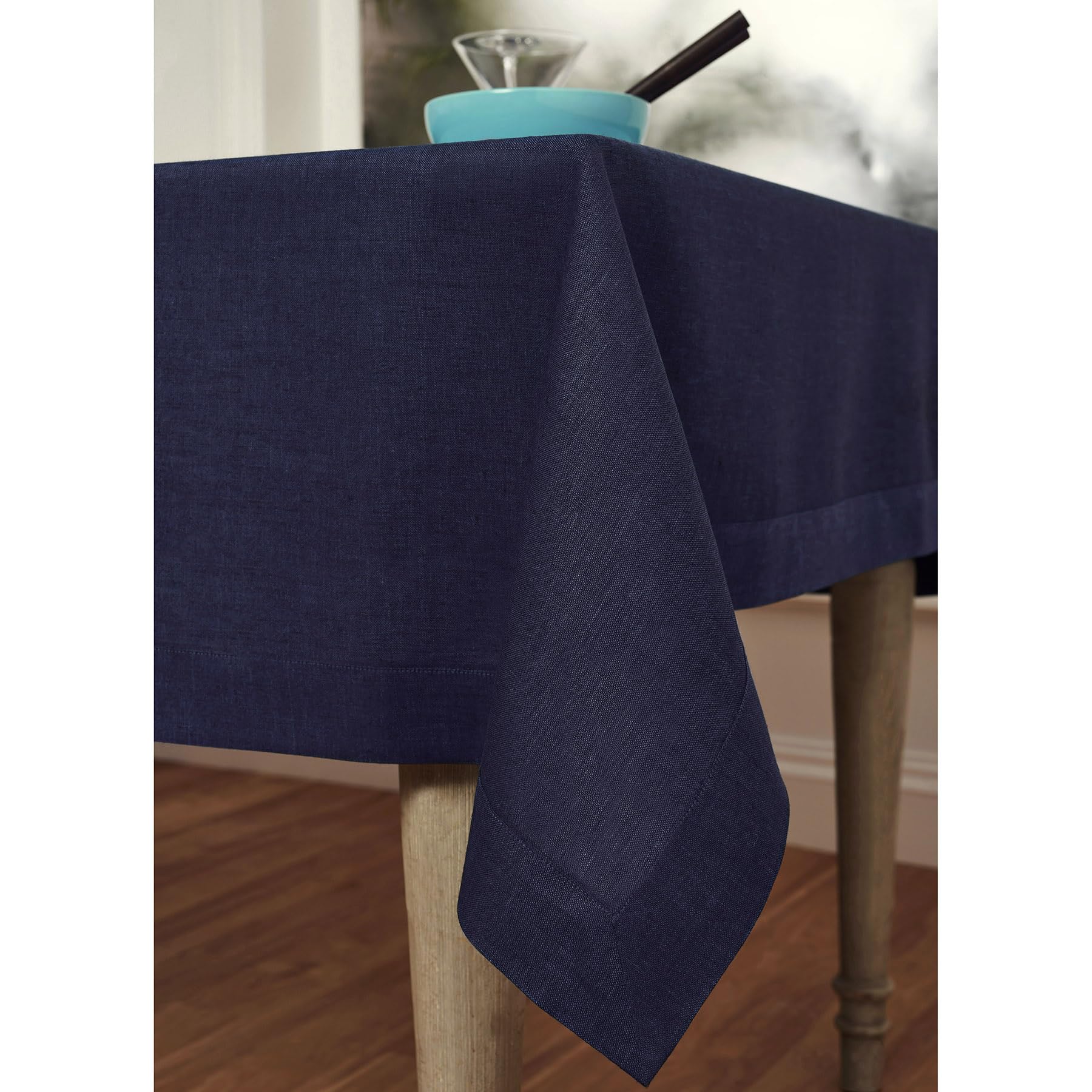 Solino Home 100% Pure Linen Tablecloth 60x90 Inches - Navy Blue Chambray Rectangular Table Cover - Machine Washable Dining Table Decor for Spring, Easter, Mother's Day - Perfect for Farmhouse, Rustic & Coastal Dining Rooms
