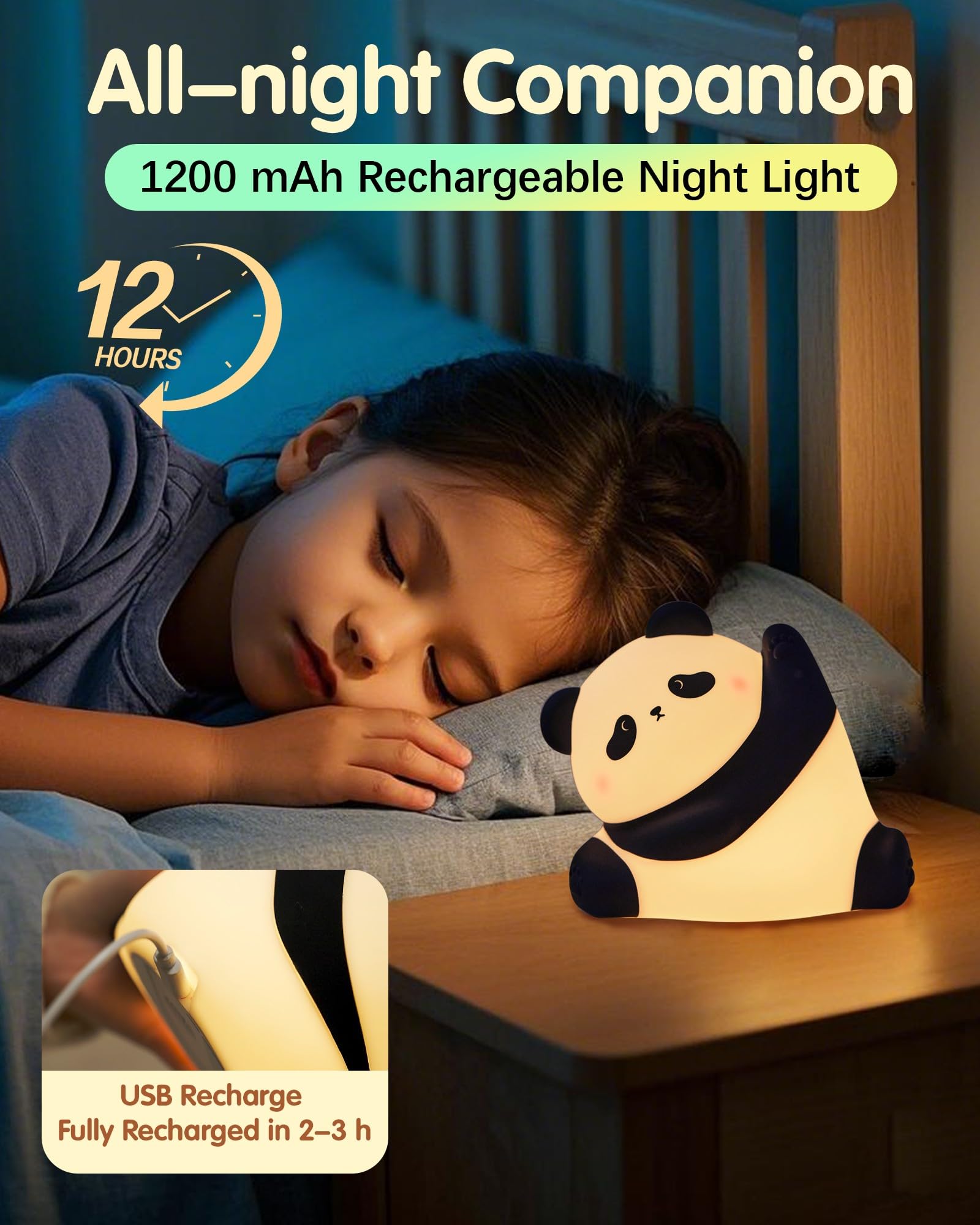 **Rechargeable Panda Night Light - 3-Level Dimmable LED Nursery Lamp, Soft Food-Grade Silicone, Cute Touch Control for Baby Kids Room, Breastfeeding & Toddler Sleep Aid - Perfect Gift & Decor**    *(Ideal for nurseries, kids' bedrooms, breastfeeding sessions, and cozy night-time ambiance.)*