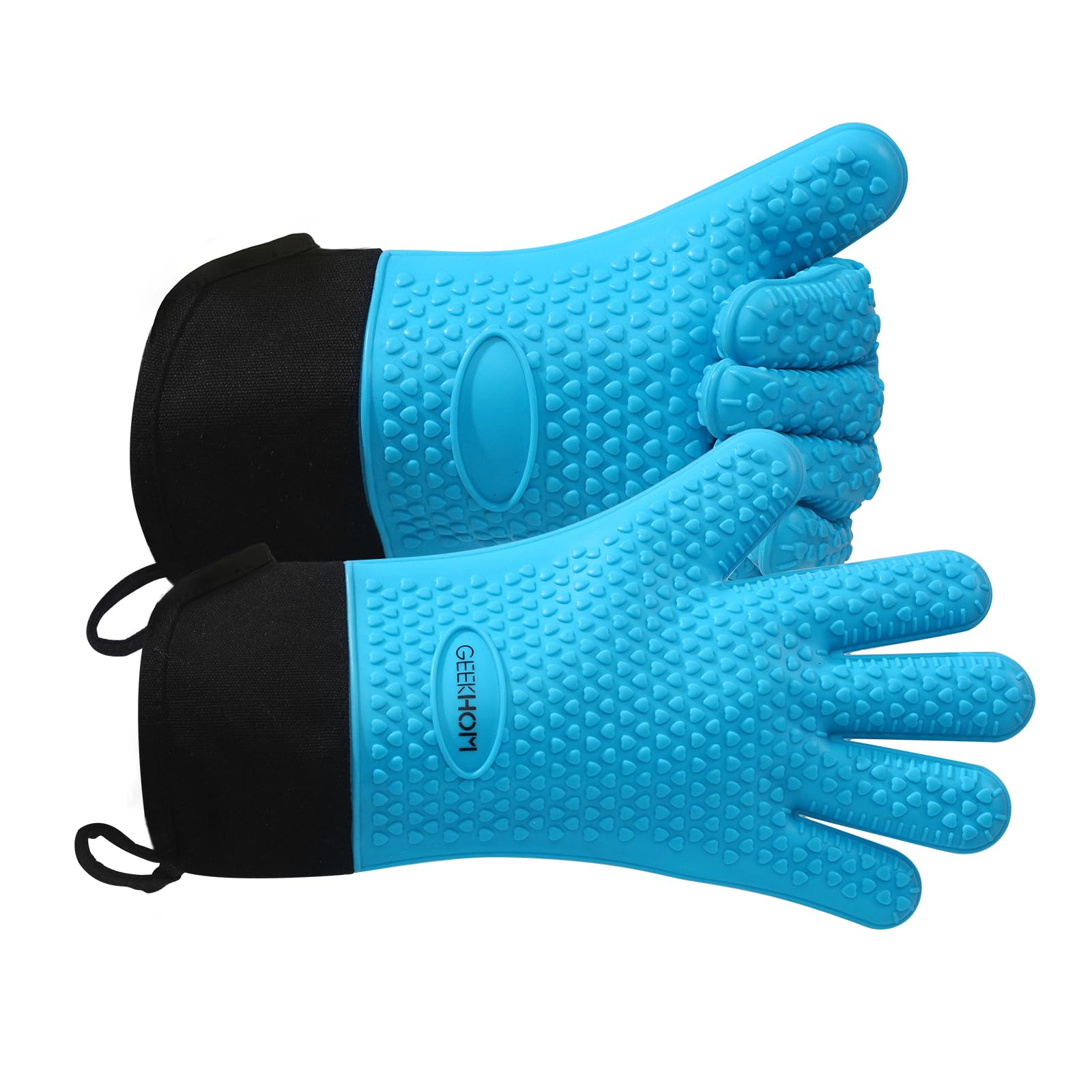 GEEKHOM Heat Resistant BBQ Gloves - Extra Large Silicone Oven Mitts for Grilling, Baking & Frying - Waterproof, Non-Slip & Oil Resistant Kitchen Gloves - Perfect for Weber Grill, Smoker, Microwave & Outdoor Cooking (Aqua Blue)