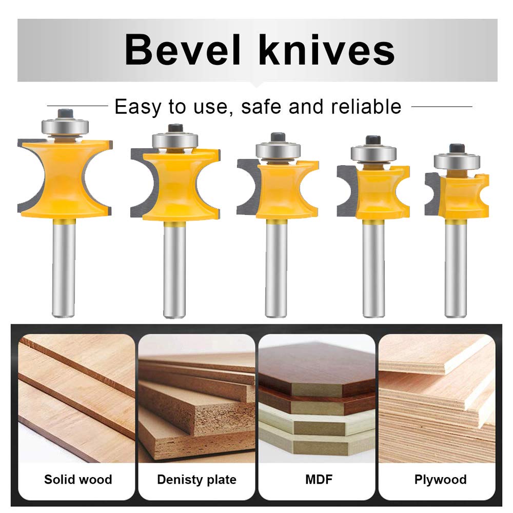 5PCS Bullnose Router Bit Set 1/4 Inch Shank - Half Round Bearing Wood Milling Cutter with Carbide Tips for Door, Table, Cabinet & Shelf Making - Perfect for Woodworking Projects & DIY Furniture