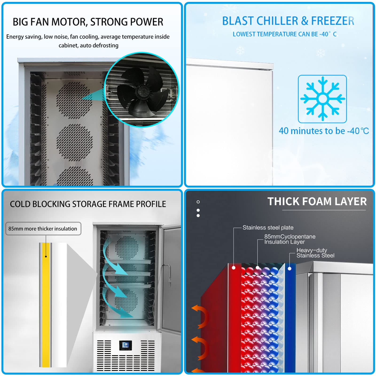 Kolice Commercial 220V 60Hz 15-Tray Blast Chiller Freezer for Cakes, Ice Cream, Chicken & Fish - Restaurant, Hotel & Catering Equipment - Perfect for Bakery, Ice Cream Shop & Food Storage