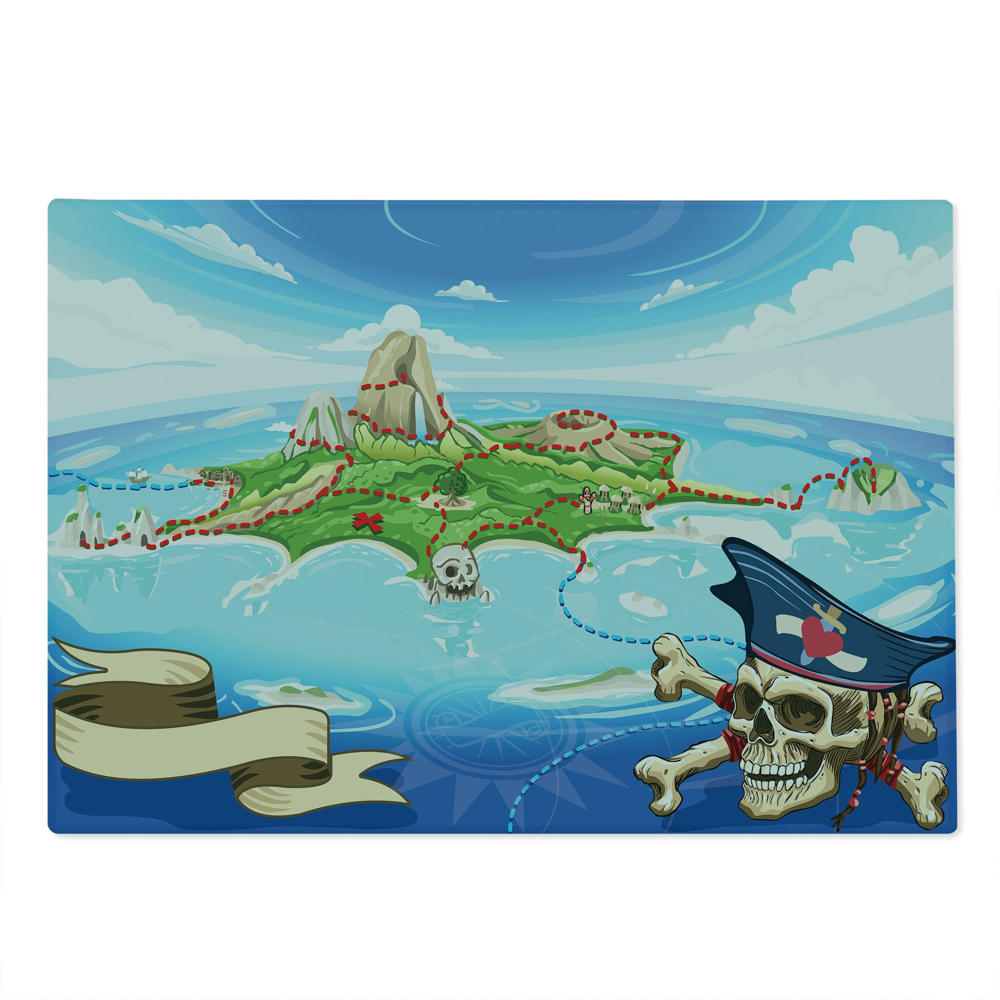 Ambesonne Pirate Island Map Cutting Board - Large Tempered Glass Serving Board with Aerial View of Fantasy Cove, Skull & Crossbones - Decorative Kitchen Accessory for Cooking, Entertaining & Gifts