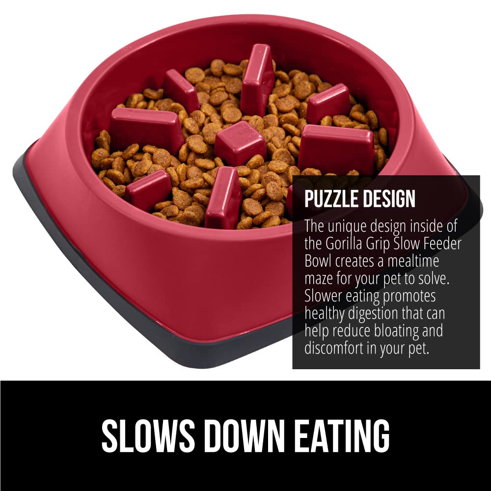 GORILLA GRIP Slow Feeder Dog Bowl - Interactive Puzzle Toy for Dogs & Cats - Prevents Overeating & Keeps Pets Busy - BPA Free Pet Food Training Dish - 1 Cup Capacity - Red - Perfect for Meal Time & Mental Stimulation