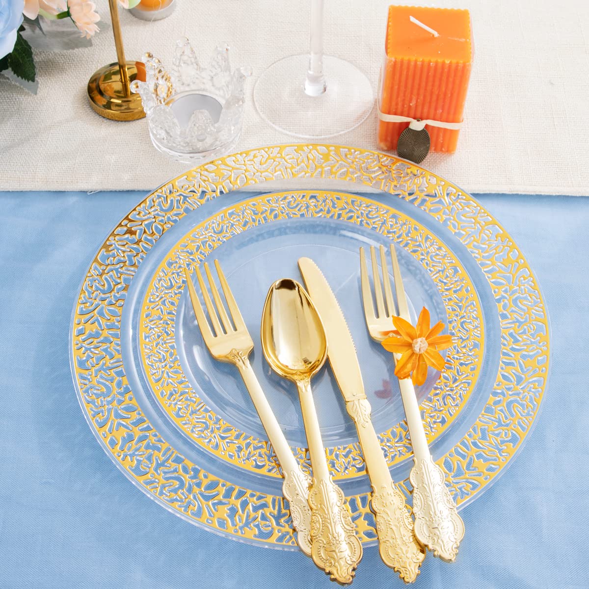 150-Piece Clear Gold Lace Plastic Party Plates Set - 30 Dinner Plates, 30 Dessert Plates & 90 Gold Silverware - Elegant Disposable Tableware for Birthday, Wedding, Anniversary & Holiday Celebrations - Perfect for Indoor/Outdoor Events, Catering & Special Occasions