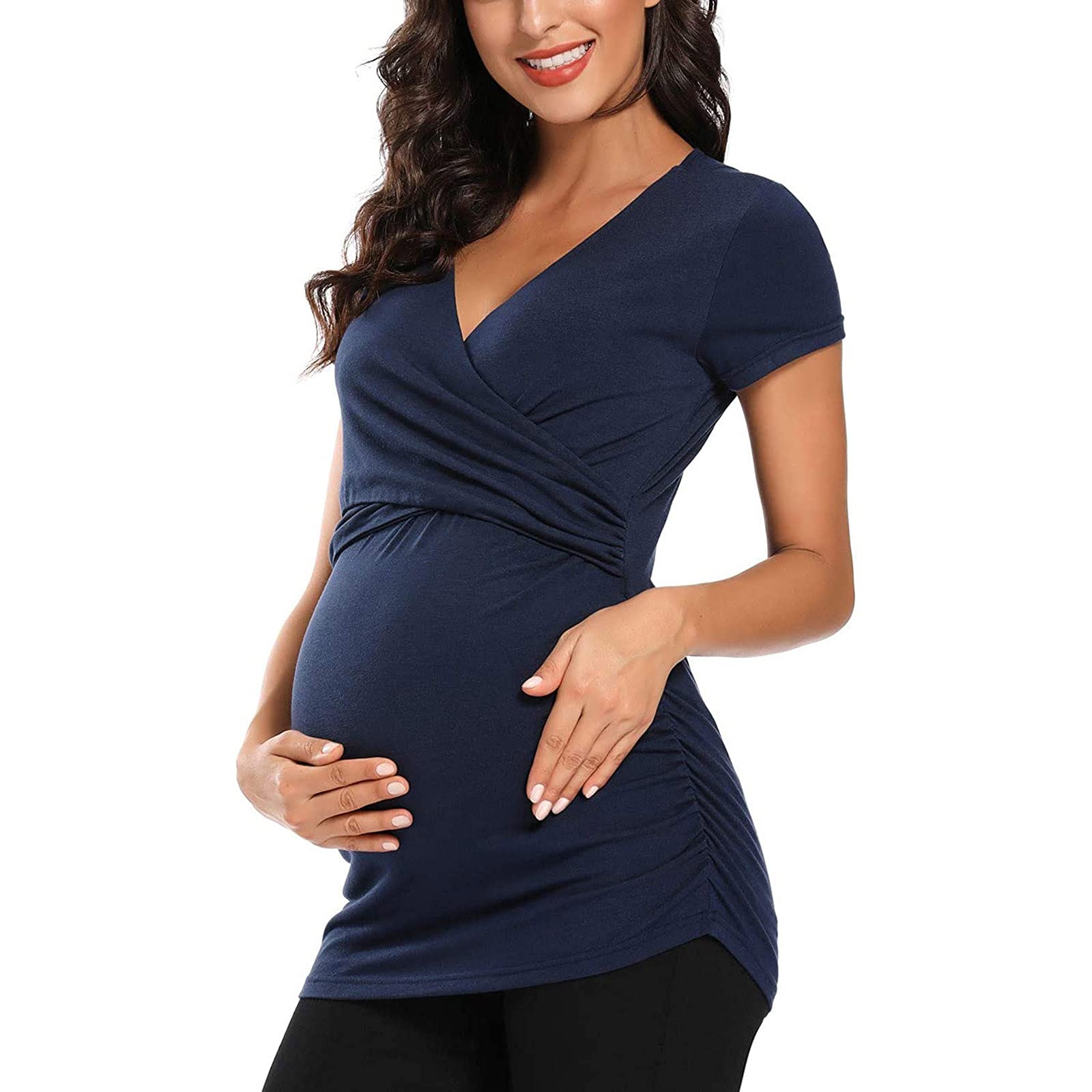 Mimacoo Women's Basic Maternity Tops - Soft Short Sleeve Crew Neck Tee for Pregnancy | Comfortable Casual Wear for Expecting Moms | Perfect for Everyday Use, Work & Maternity Photos