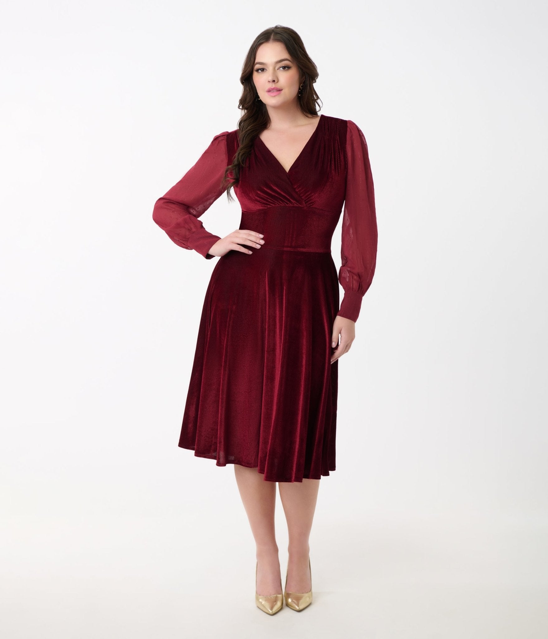 Vintage 1950s Berry Red Velvet Swing Dress with Sheer Sleeves - Retro Pinup Style for Parties, Weddings & Special Occasions