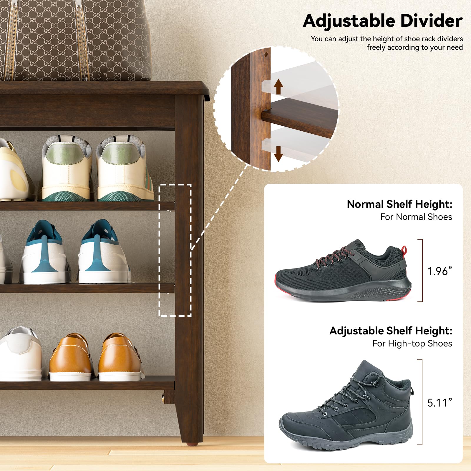Rubberwood Shoe Bench with 3-Tier Adjustable Storage - 31.5