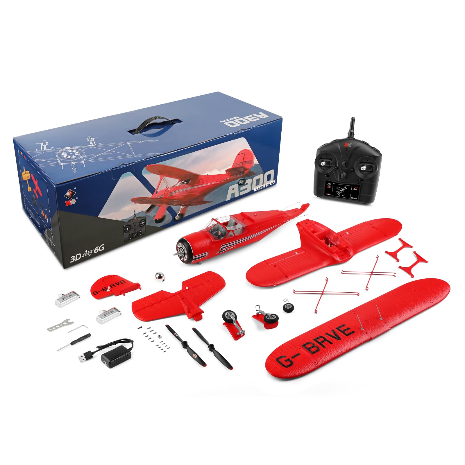 WLtoys A300 4-Channel RC Plane - Beechcraft D-17 Model with LED Lights, 6G/3D Brushless Motor, 2.4G Remote Control & 2 Batteries - Perfect RC Airplane Gift for Adults - Ideal for Outdoor Flying, Hobbyist Collections & Aerial Photography