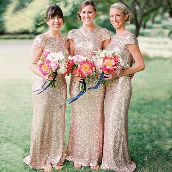 Elegant Metallic Rose Gold Sequin Bridesmaid Dress with Sleeves - Perfect for Weddings, Prom, and Formal Events
