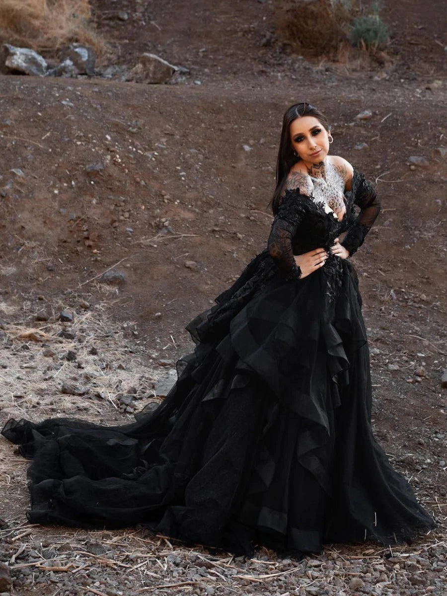 Elegant Black Gothic Wedding Dress with Long Sleeves, Off-Shoulder V-Neck & Tiered Skirt – Perfect for Gothic Brides, Dark Romance Weddings & Vampire-Themed Events