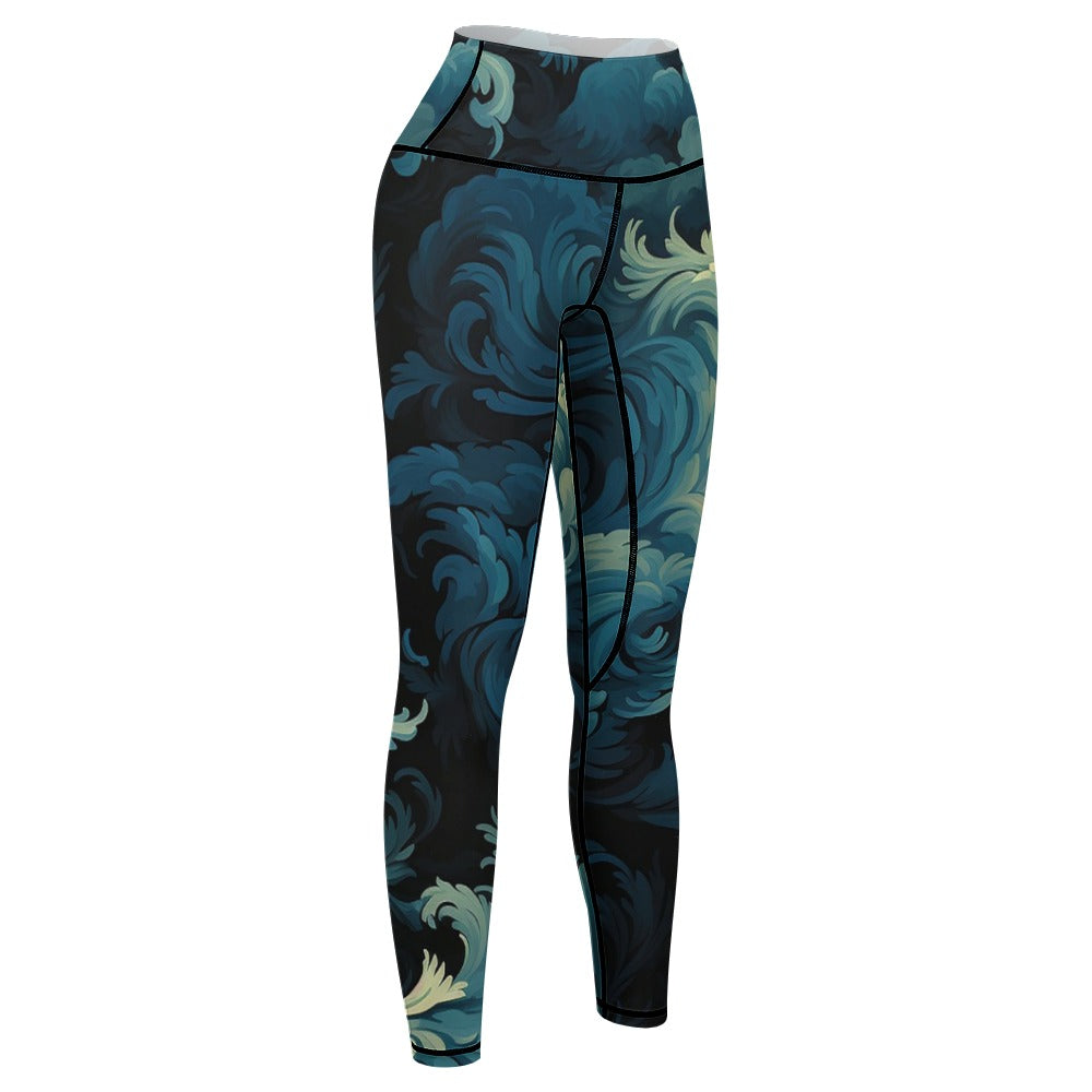 Premium High-Waist Blue Waves Yoga Pants for Women - Soft & Stretchy Workout Leggings - Perfect for Yoga, Gym, Running & Lounge Wear