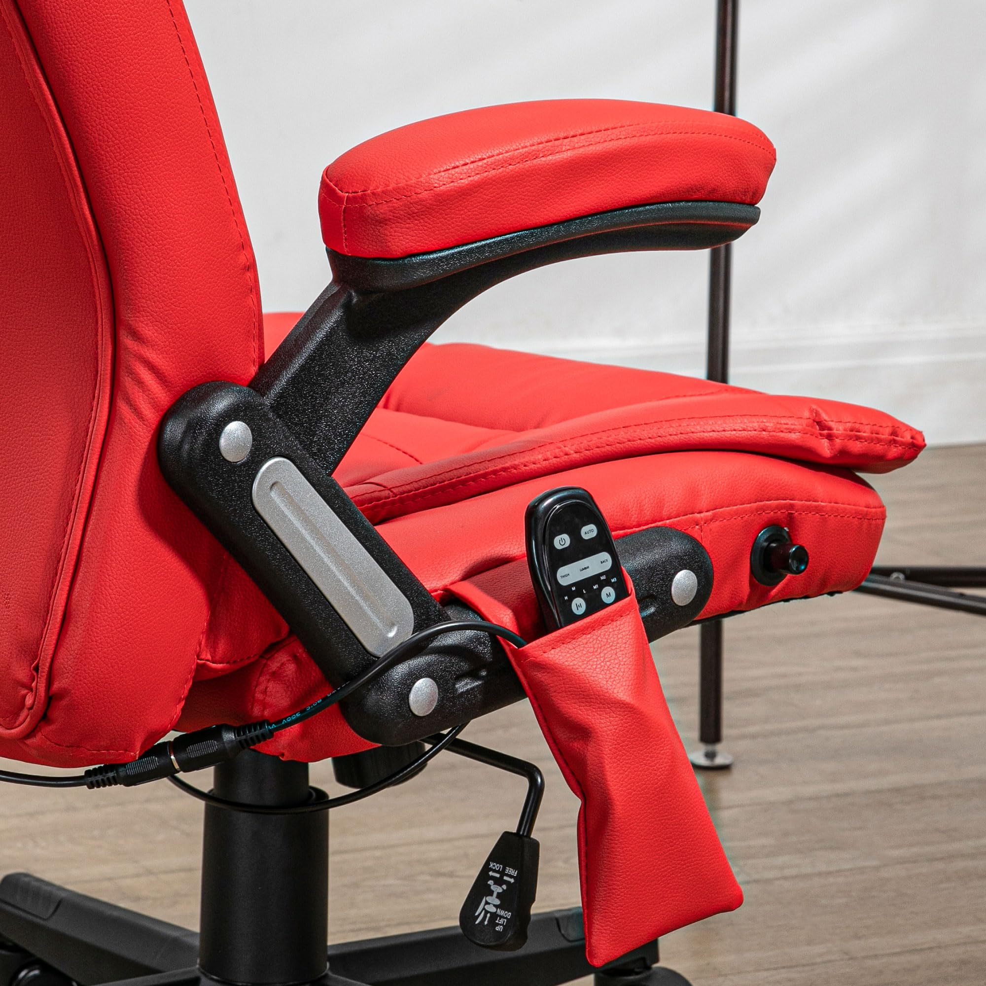 HOMCOM High Back Vibration Massage Office Chair with 6 Vibration Points & Heating - PU Leather Reclining Computer Chair with Adjustable Armrests & Remote Control (Red) - Perfect for Home Office, Gaming & Relaxation