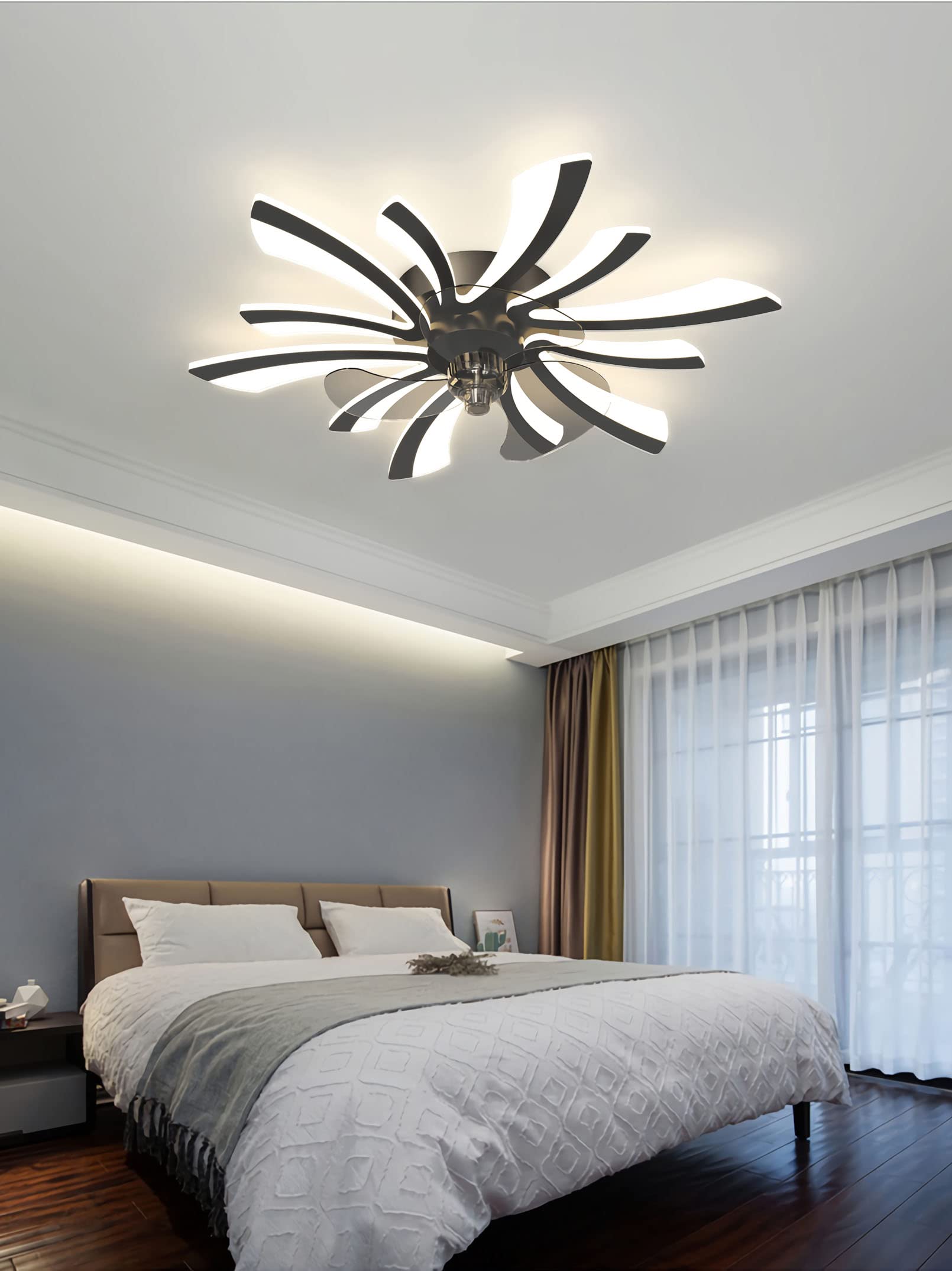**6-Light LED Ceiling Fan with Remote Control & Dimmable Light - Quiet Bedroom Fan Lamp for Dining Room, Living Room & Bedroom - Modern Black Design (B Fan Light)**