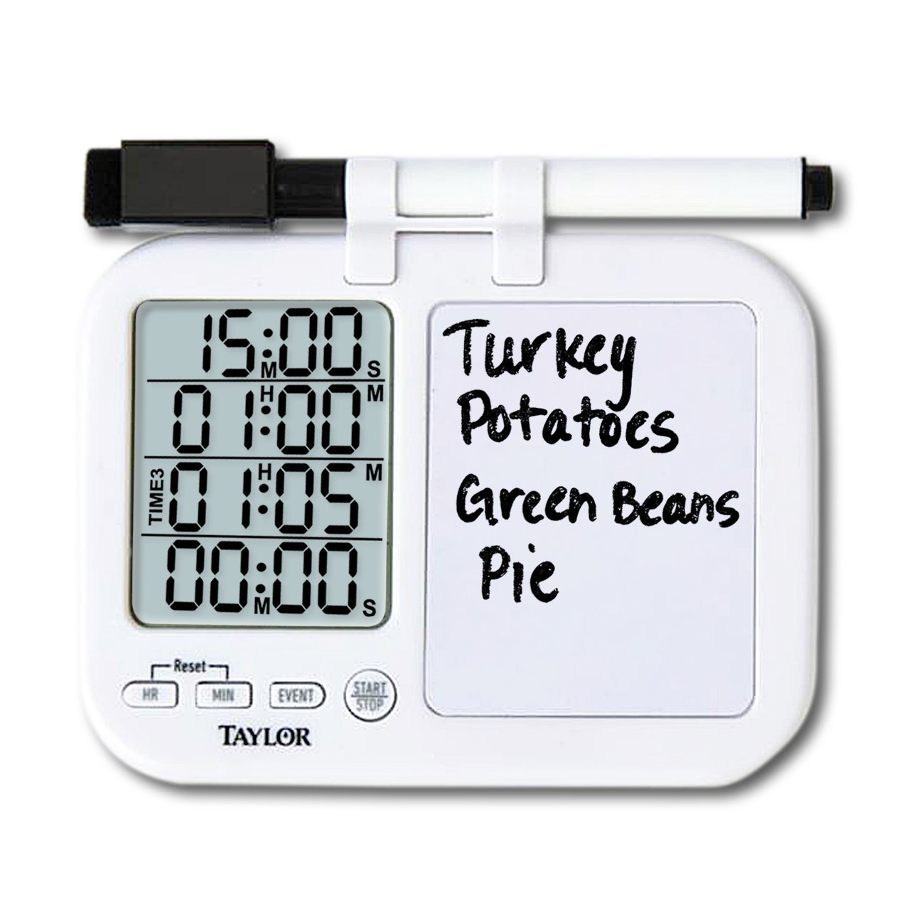 Taylor 5849 Four-Event Digital Timer with Whiteboard - Perfect for Classroom Learning, Homework Projects, Cooking & Kitchen Tasks - Easy-to-Use Countdown Timer for Teachers, Students & Home Use (White)