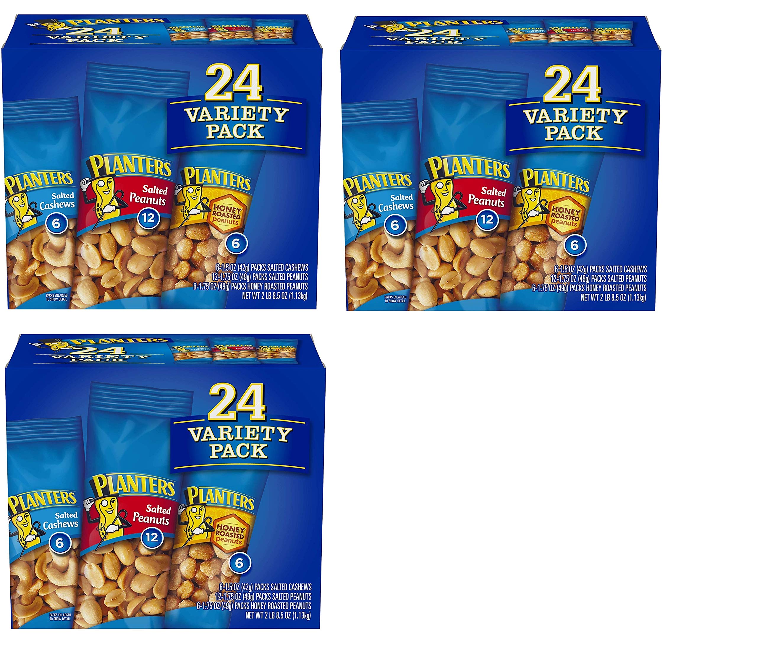 PLANTERS Variety Pack (Salted Cashews, Salted Peanuts & Honey Roasted Peanuts) - 24 Individual Snack Packs | Healthy On-the-Go Nuts | Perfect for Office, Travel, School Lunch & Hiking Snacks