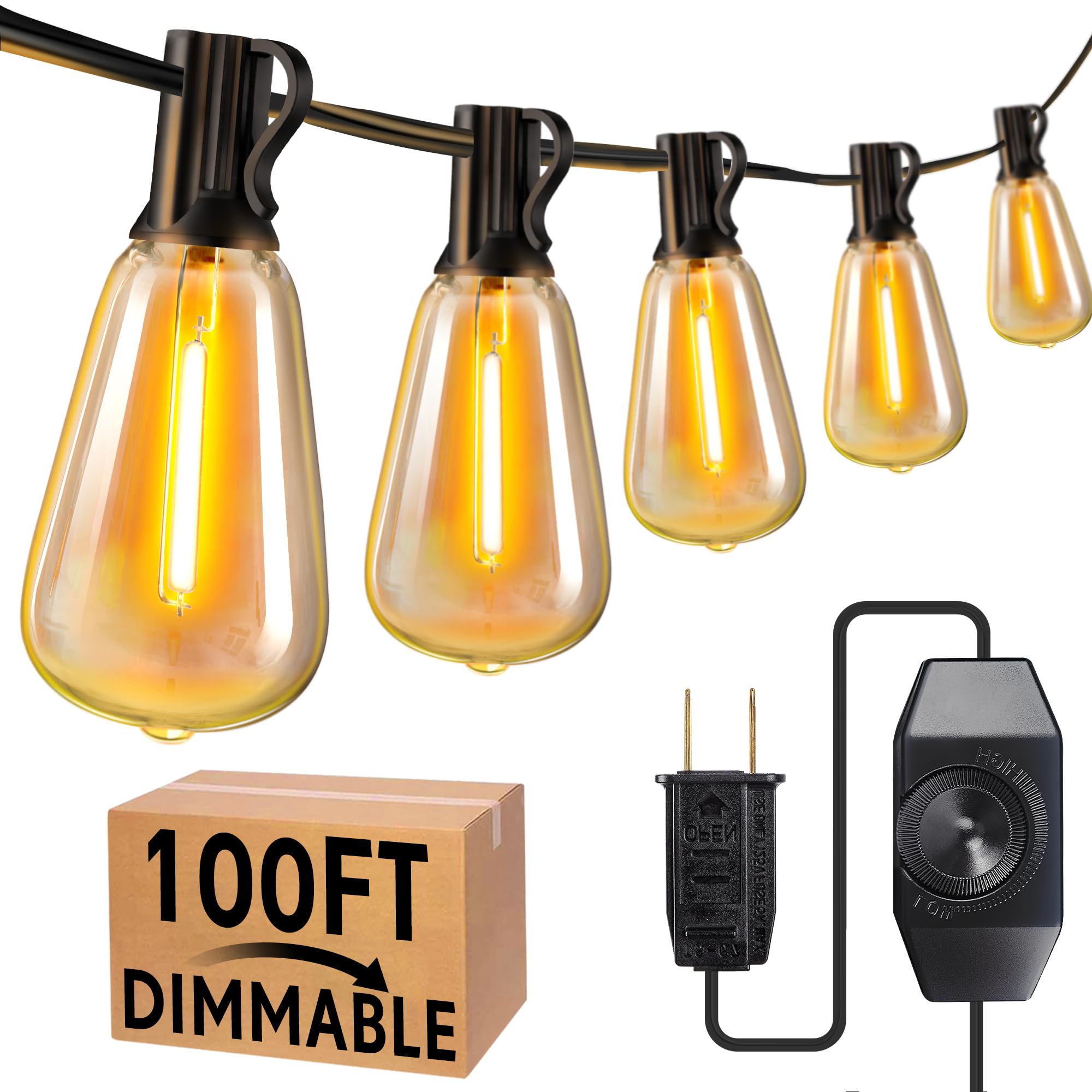 55-LED Shatterproof ST38 Bulbs Outdoor String Lights - 100FT Dimmable Waterproof Hanging Lights with Remote for Patio, Garden, Deck, Backyard & Balcony | Perfect for Parties, Weddings & Outdoor Dining