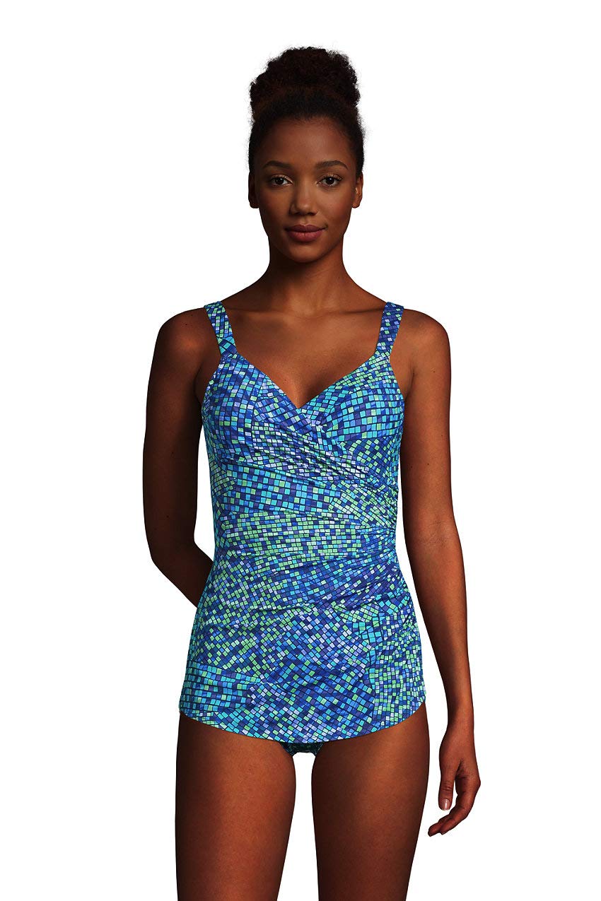 Lands' End Women's Tummy Control V-Neck One Piece Swimsuit - Chlorine Resistant Slender Swimsuit with Skirt for Beach & Pool