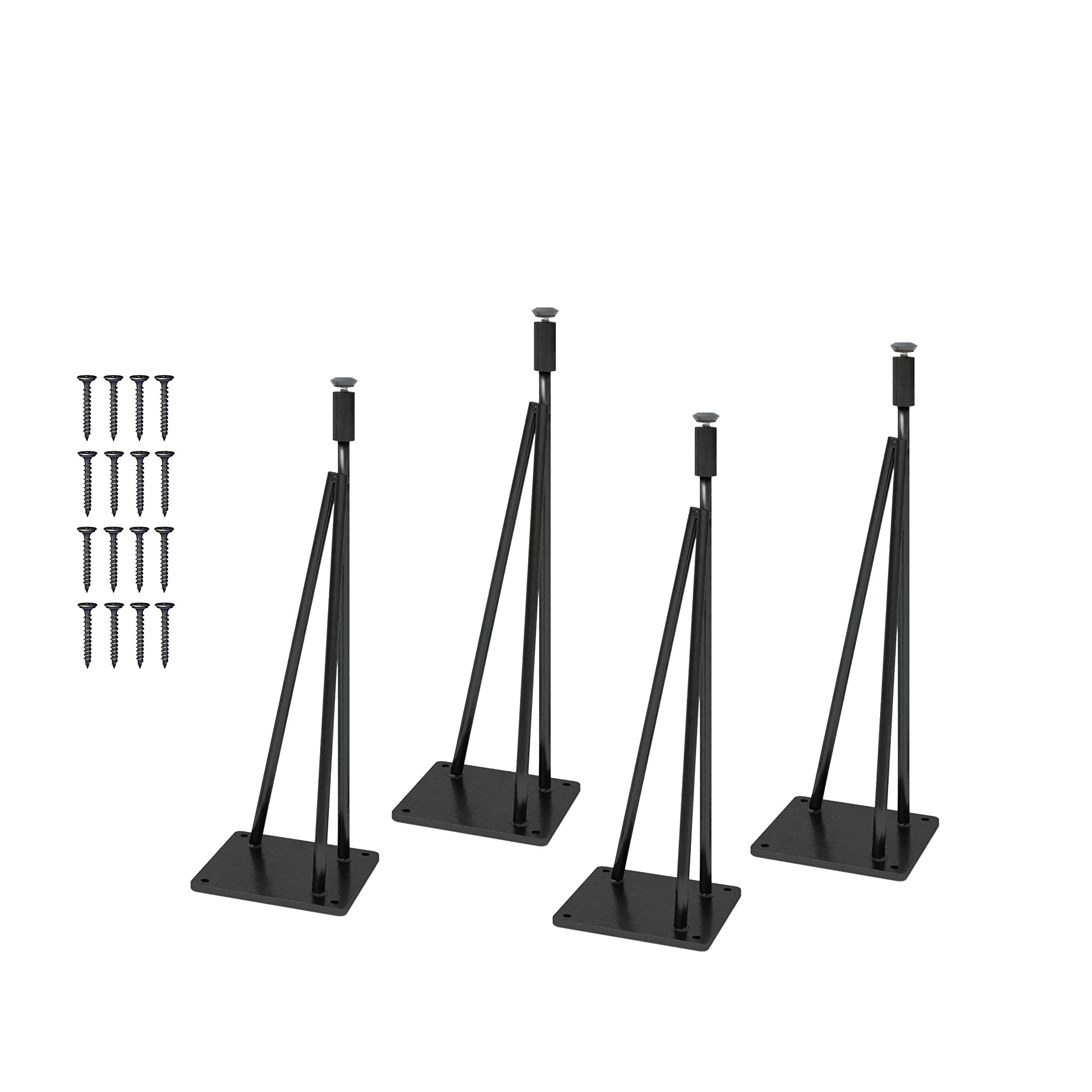 Industrial Metal Hairpin Table Legs Set of 4 - Modern 3-Rod Design, Raw Steel & Flat Black Finish (16