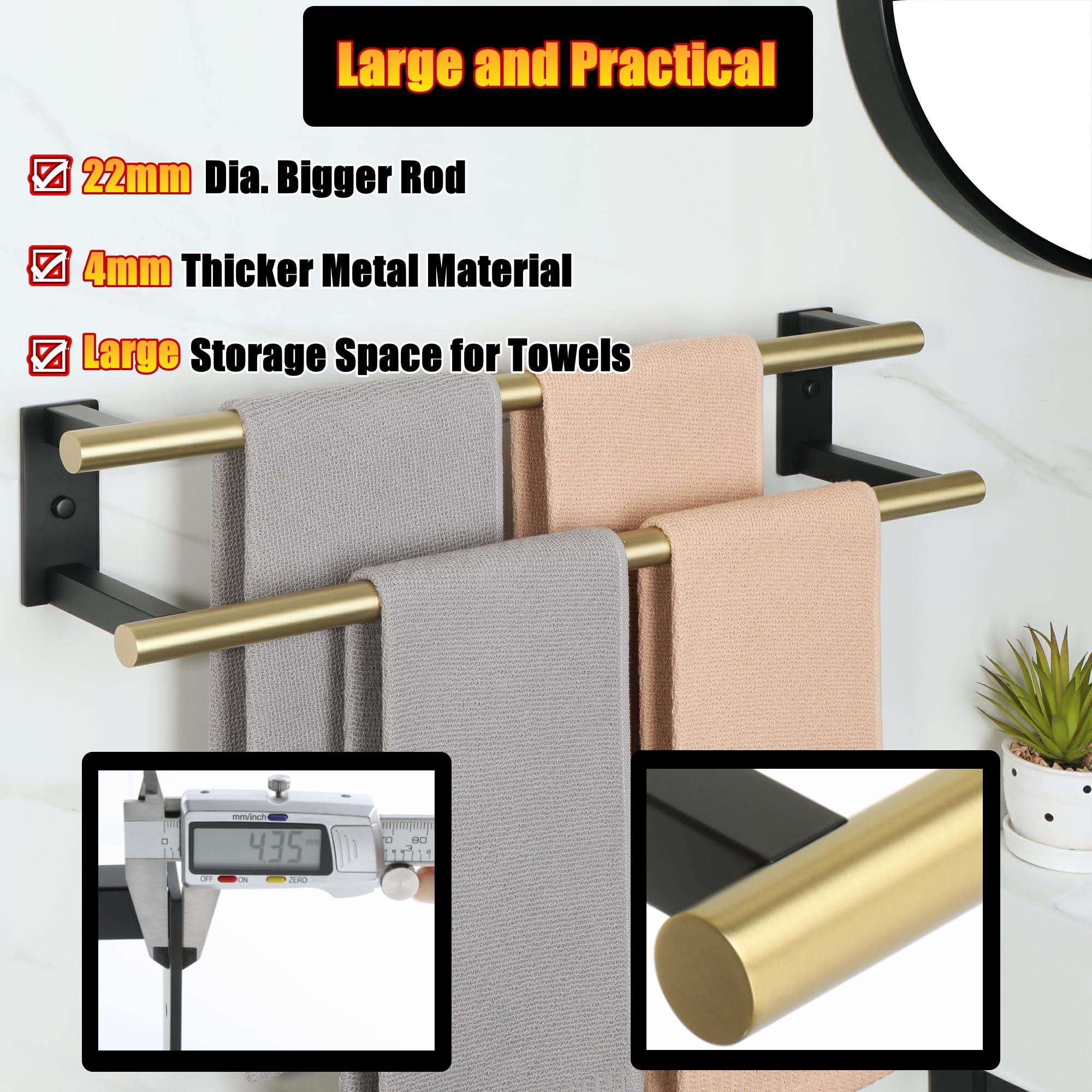24 Inch Stainless Steel Double Towel Bar - Heavy Duty Wall Mounted Bathroom Towel Holder with Gold & Black Finish - Perfect for Bathrooms, Spas, and Luxury Hotels - SUS304 Thickened Pipe for Strong Load-Bearing Capacity