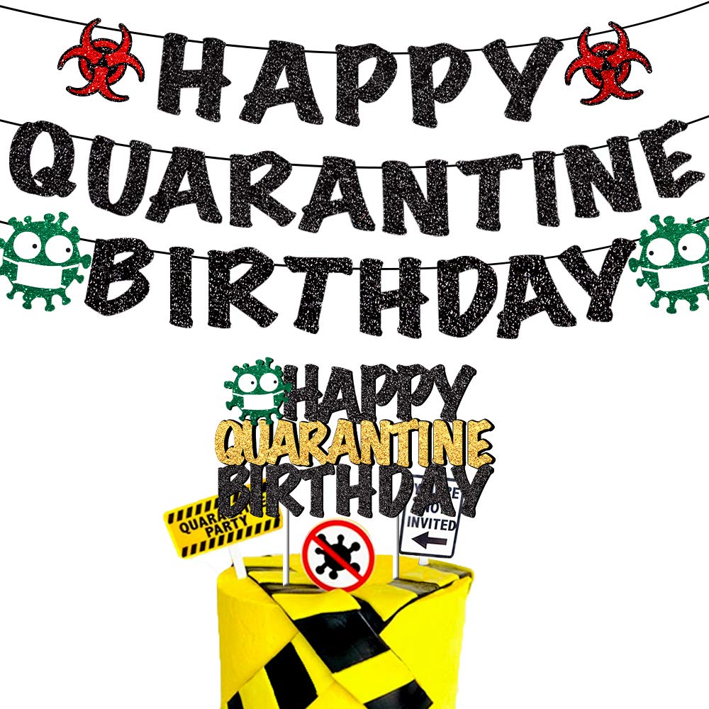 Happy Quarantine Birthday Banner & Cake Topper Set - Social Distancing Party Decorations for Lockdown Celebrations | Perfect for Stay-at-Home Birthday Parties, Virtual Gatherings & Safe Indoor Celebrations