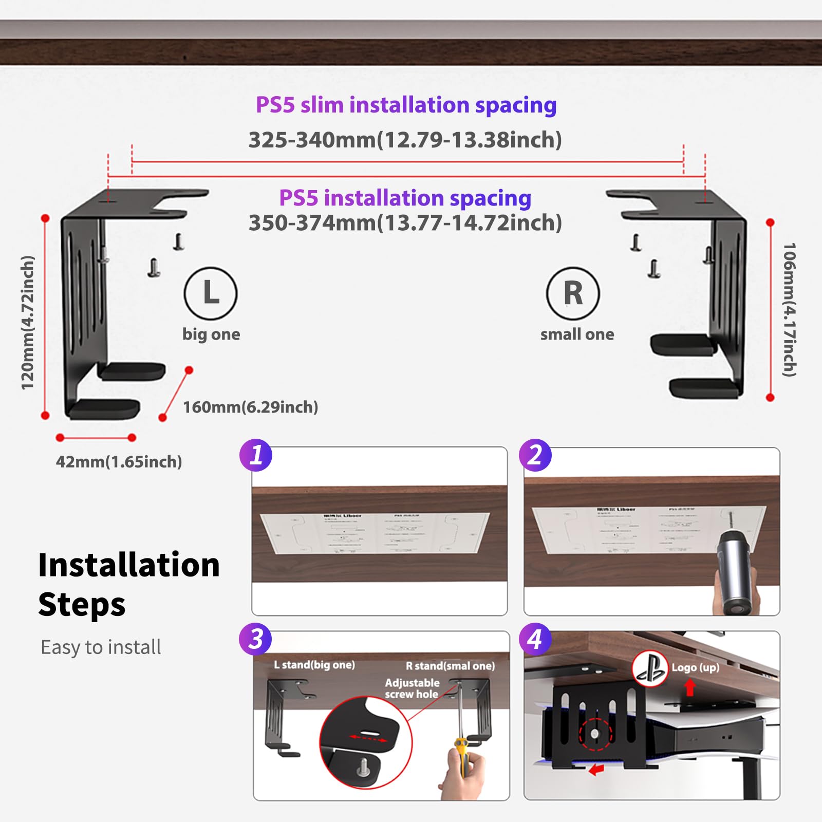PS5 Under Desk Mount Holder - Compatible with PS5, PS5 Slim (Disc & Digital Edition) - Alloy Display Hook Organizer for Playstation 5 - Perfect for Gaming Setup & Space Saving in Bedroom or Office
