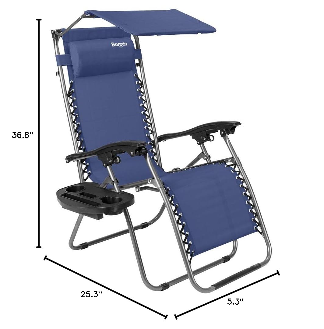 **Bonnlo Zero Gravity Lounge Chair with Adjustable Canopy - Patio Recliner with Cup Holder & Headrest - Foldable Sunshade Chair for Beach, Pool, Garden & Outdoor Relaxation (Blue, 1-Pack)**