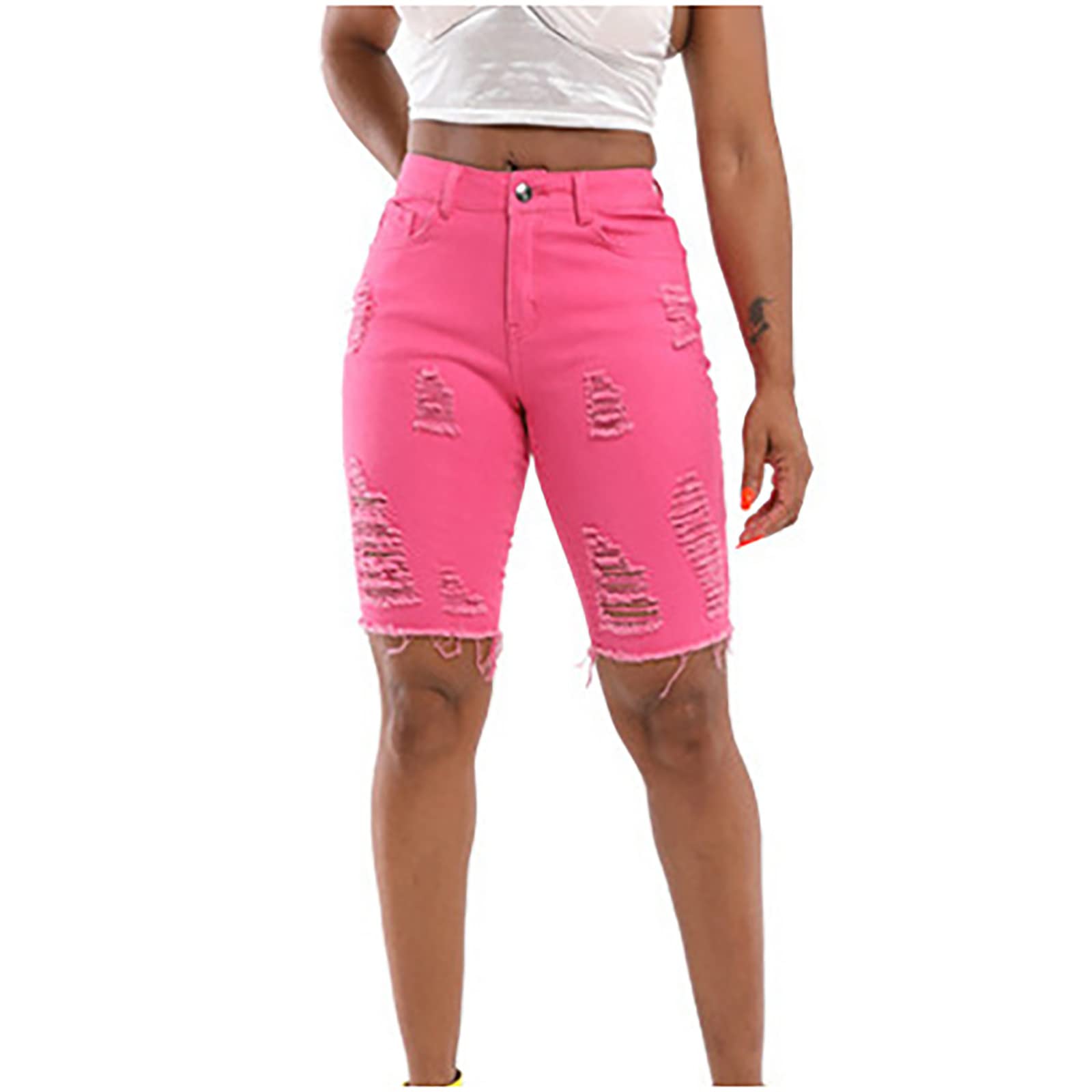 Women's High Waisted Distressed Denim Shorts - Knee Length Ripped Jeans for Summer | Casual Wear, Beach Outfits & Street Style Fashion