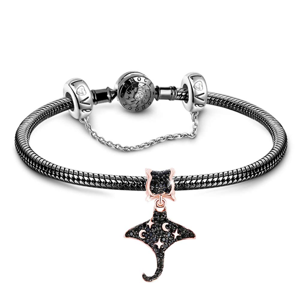 GNOCE 925 Sterling Silver Snake Chain Charm Bracelet with Flying Mobula Bead & Safety Clasp - Elegant Black Jewelry for Women, Perfect for Gifts, Parties & Everyday Wear