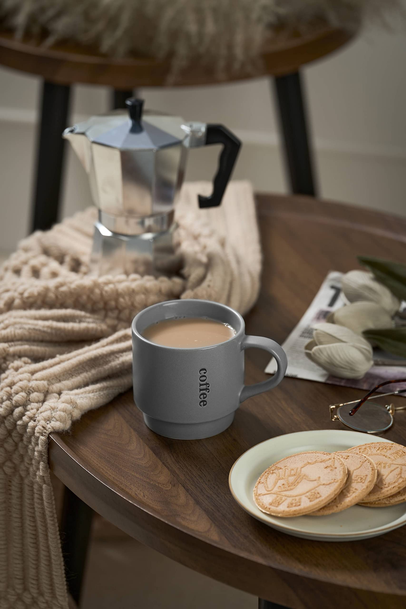 Stackable 15oz Porcelain Coffee Mug Set with Storage Rack - 4 Pack Grey Cups for Coffee, Tea, Cocoa & Milk - Perfect for Thanksgiving, Office, Kitchen & Home Decor