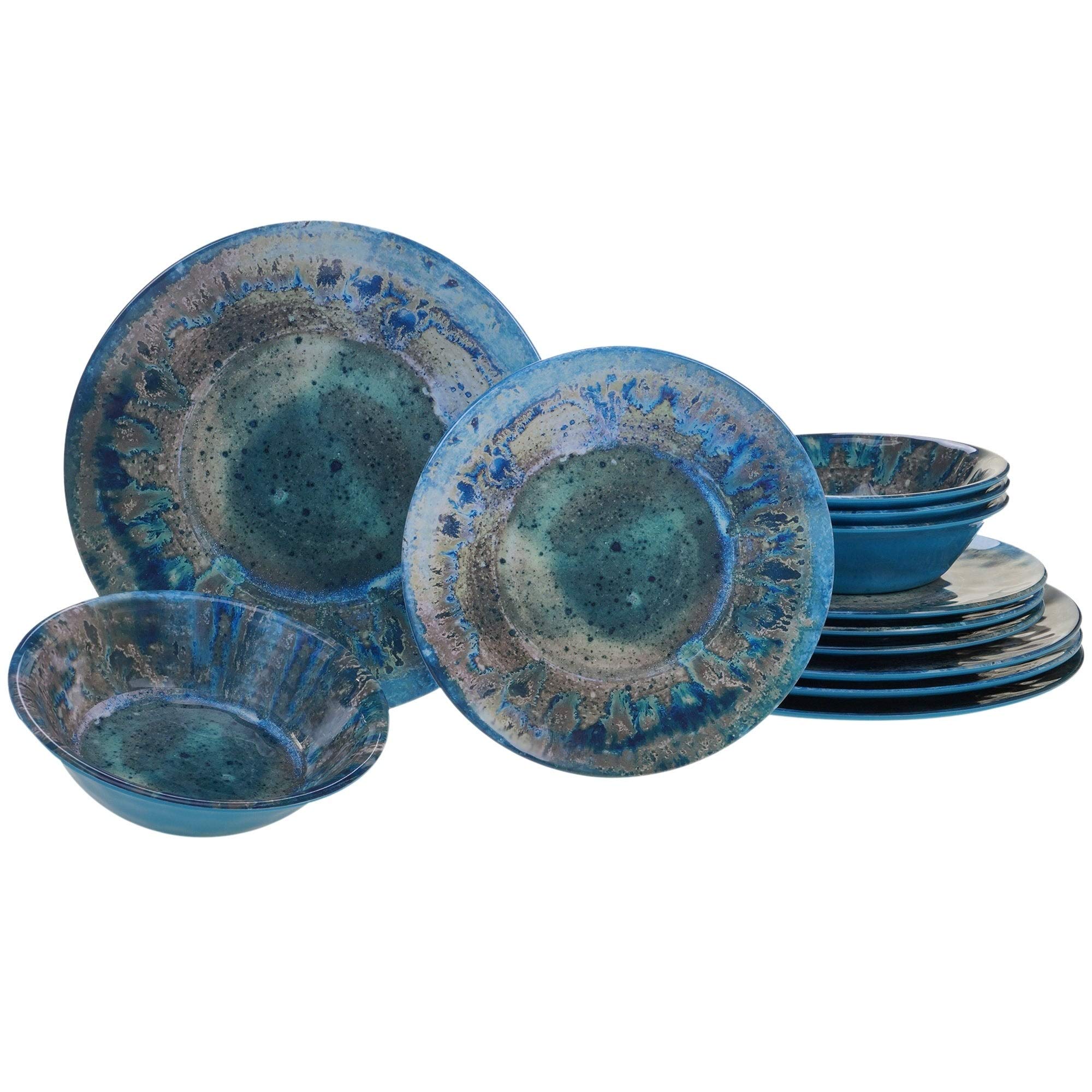 12-Piece Blue Textured Modern Dinnerware Set - Round Dishwasher Safe Plates & Bowls for Casual Dining & Everyday Use
