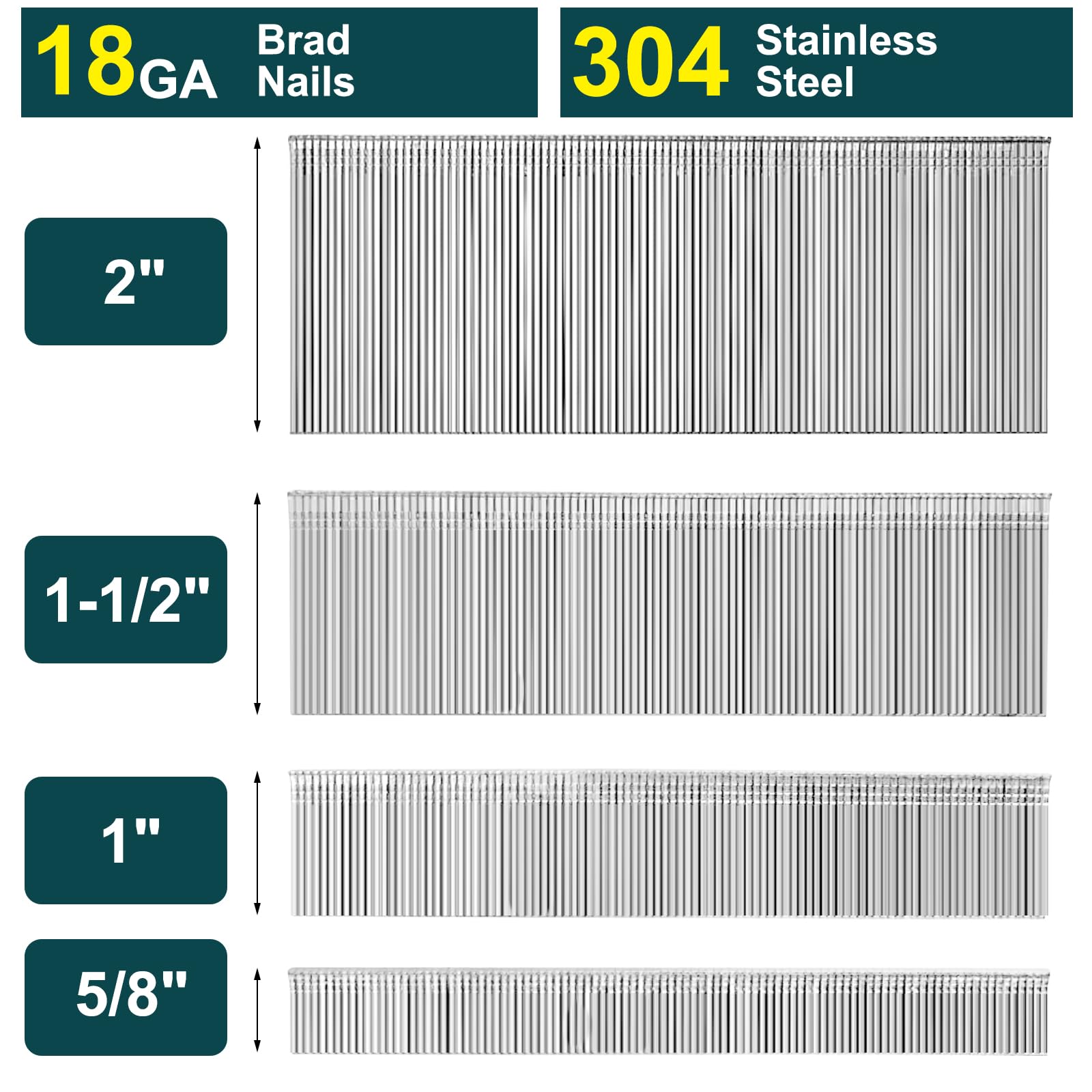 **18 Gauge Brad Nails 304 Stainless Steel - 1200 Pcs Assorted Sizes (5/8