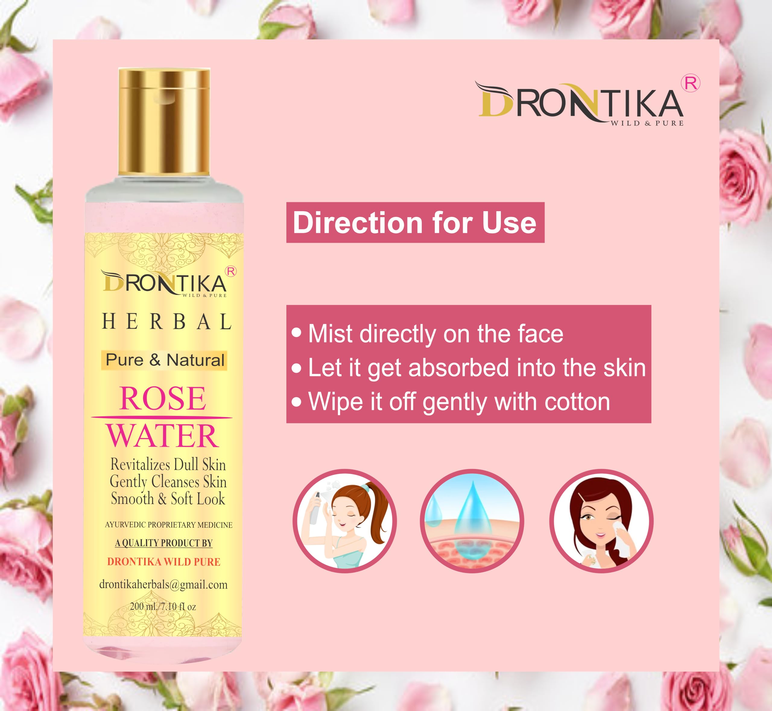 Drontika Herbal Rose Water (Gulab Jal) - Natural Skin Toner with Rose Oil, Paraben-Free, 200ml | Hydrating Facial Mist for Dry Skin, Makeup Setting Spray & Refreshing Skin Care Routine