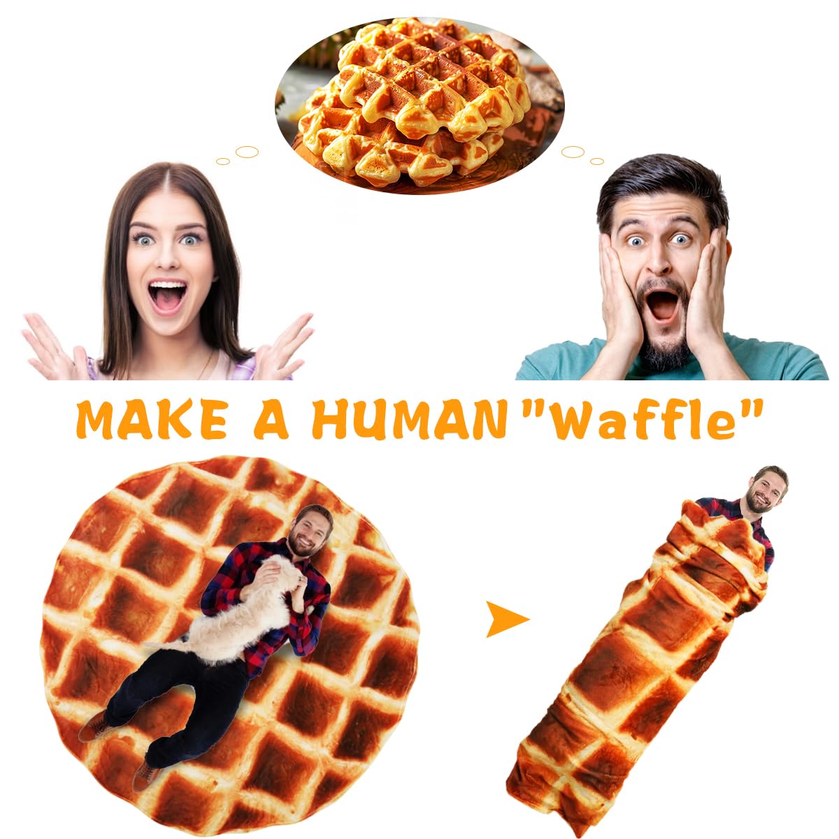 60 Inch Round Waffle Blanket for Teens & Kids - Soft Flannel Funny Food Themed Throw Blanket - Warm Cozy Gift for Bed, Office, Travel - Perfect for Sleepovers, Movie Nights & Road Trips