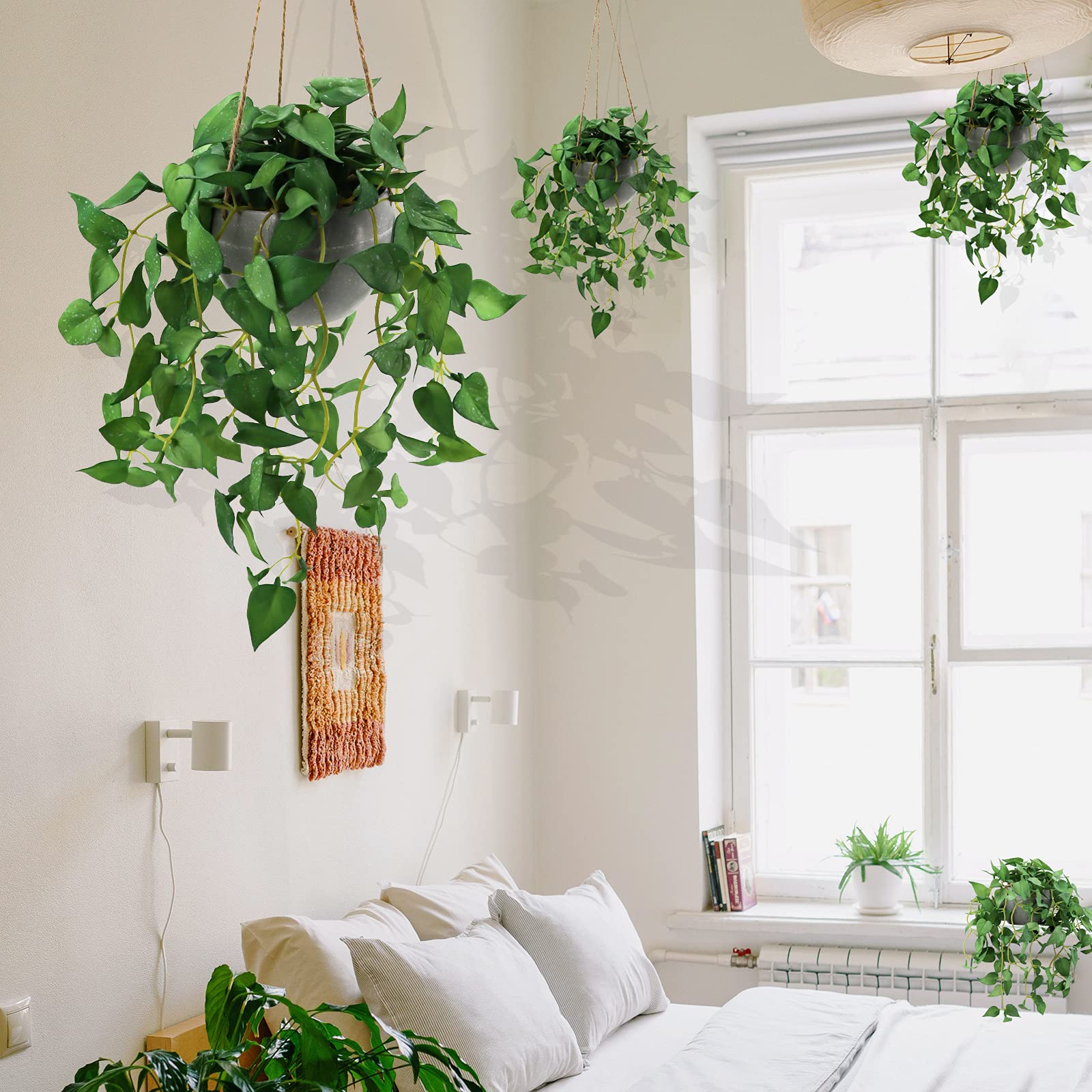 2 Pack Fake Hanging Plants with Pots - Artificial Anthurium Leaf Hanging Basket for Wall Decor - Indoor/Outdoor Home, Office, Patio & Garden Decoration